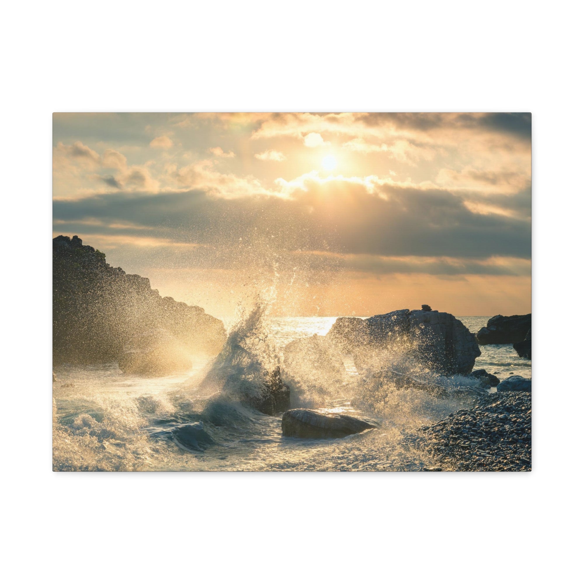 Big Wave Hit Rock At Beach Sunset Seascape Ocean Canvas Wall Art for Home Decor Ready-to-Hang-Express Your Love Gifts