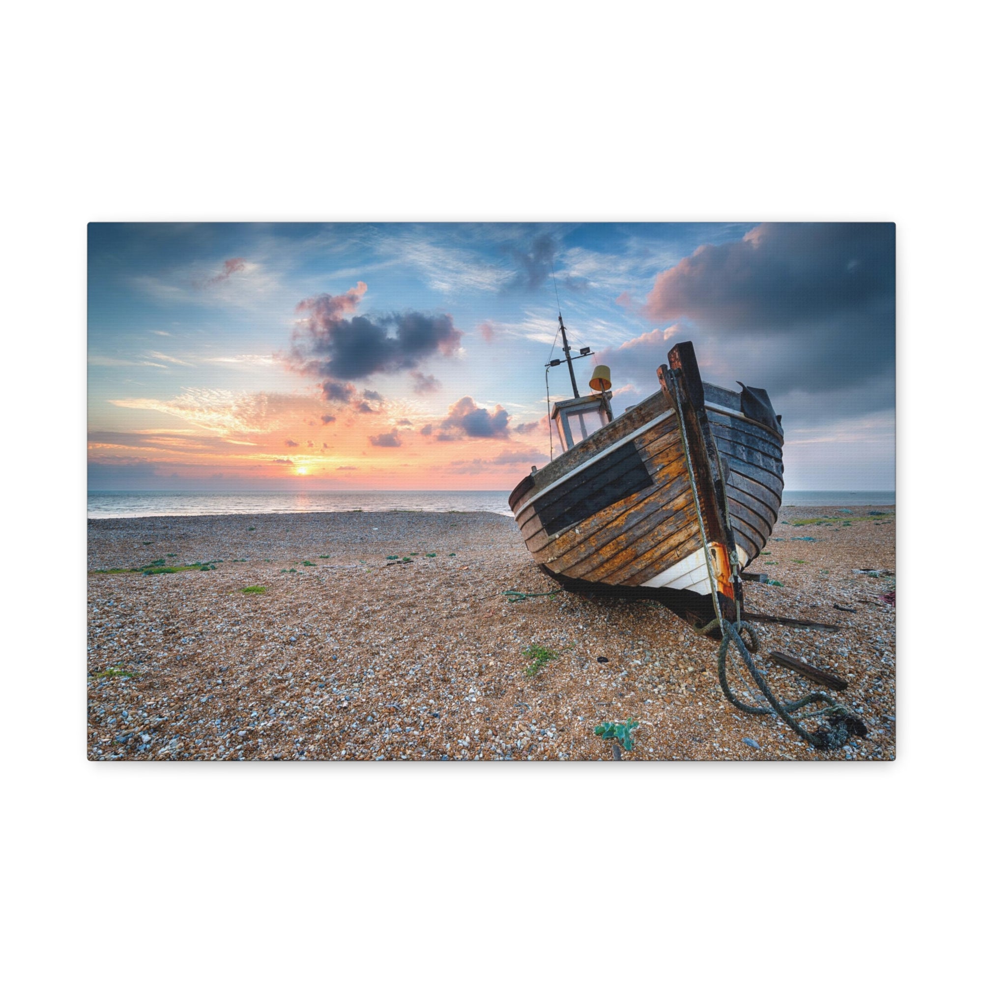 Beautiful Sunrise Wooden Fishing Boat Ocean Canvas Wall Art for Home Decor Ready-to-Hang-Express Your Love Gifts