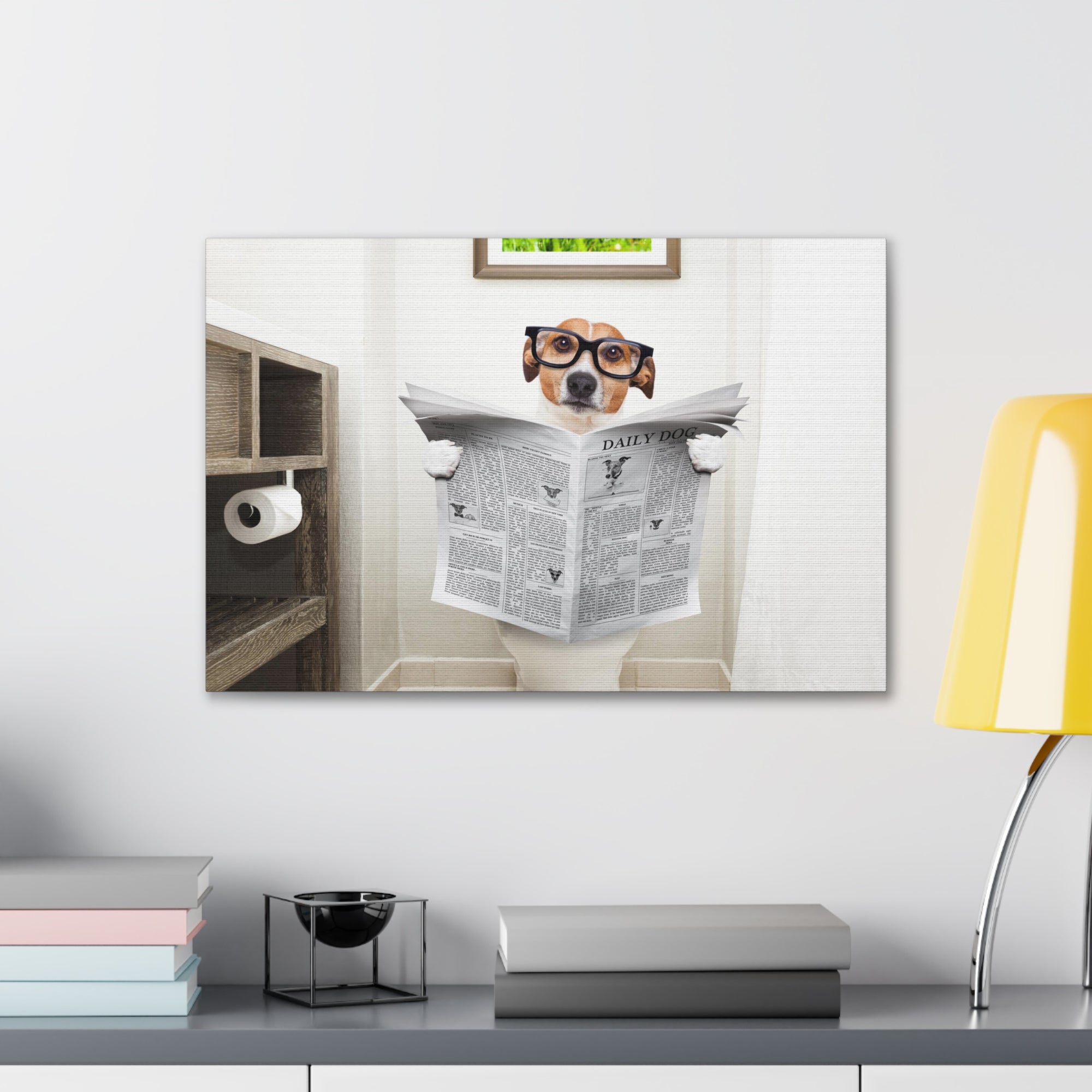 Jack Russell Reading Newspaper On Toilet Funny Canvas Wall Art for Home Decor Ready-to-Hang-Express Your Love Gifts