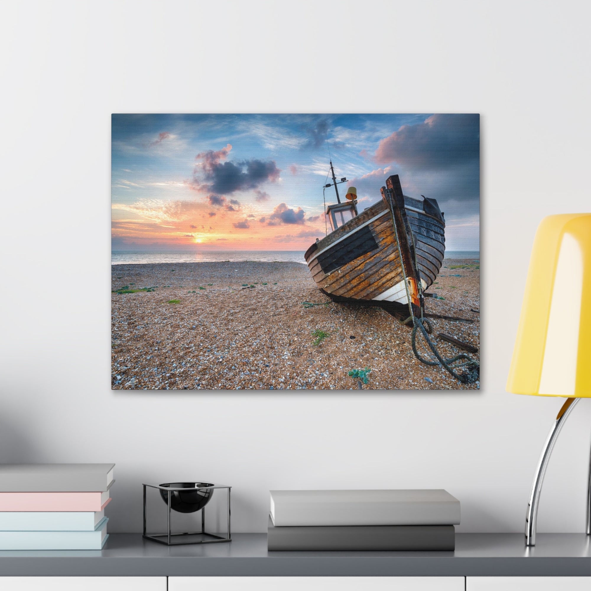 Beautiful Sunrise Wooden Fishing Boat Ocean Canvas Wall Art for Home Decor Ready-to-Hang-Express Your Love Gifts