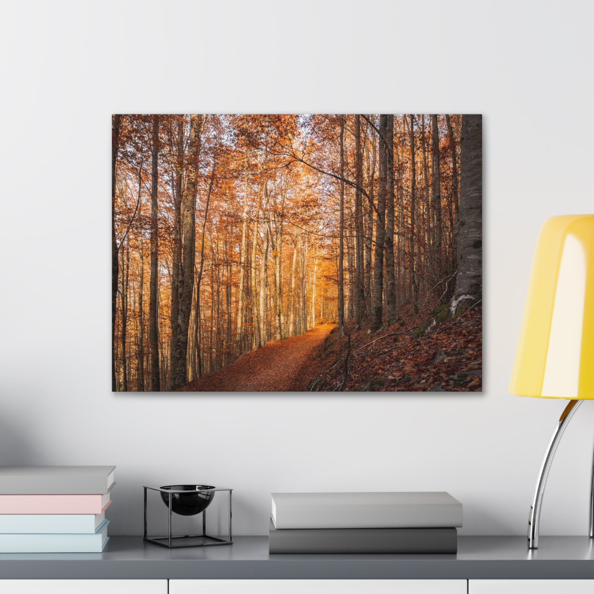 Autumn Forest Tree Trail With Yellow Leaves Nature Wilderness Photography Canvas Wall Art for Home Decor Ready-to-Hang-Express Your Love Gifts