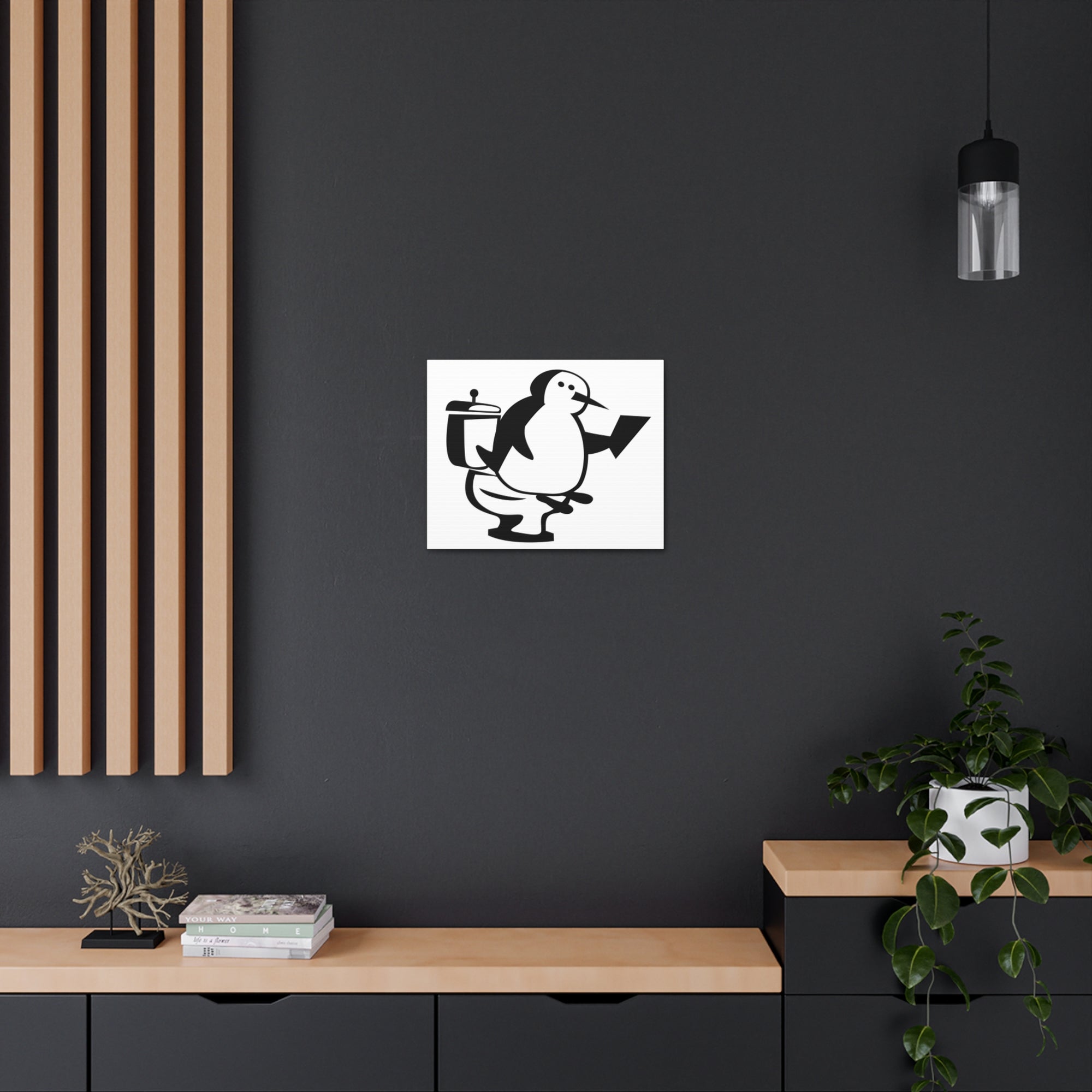 Cartoon Penguin Reading Newspaper On Toilet Funny Canvas Wall Art for Home Decor Ready-to-Hand-Express Your Love Gifts