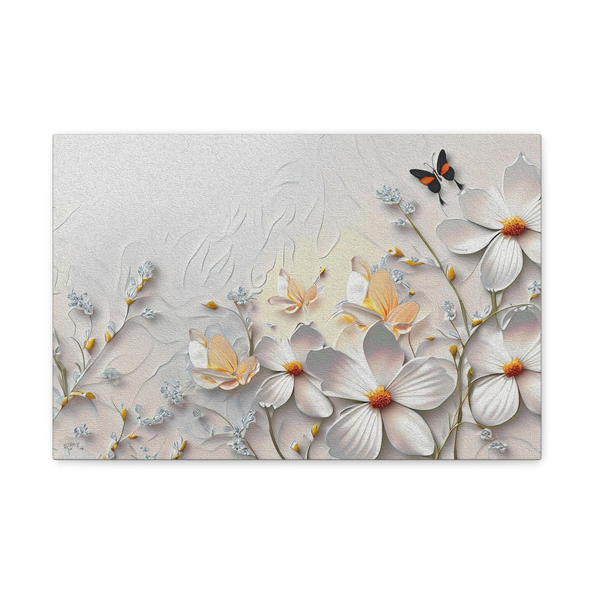 3D Abstract Small And Large White Flowers With Butterflies Oil Painting Canvas Wall Art for Home Decor Ready-to-Hang-Express Your Love Gifts