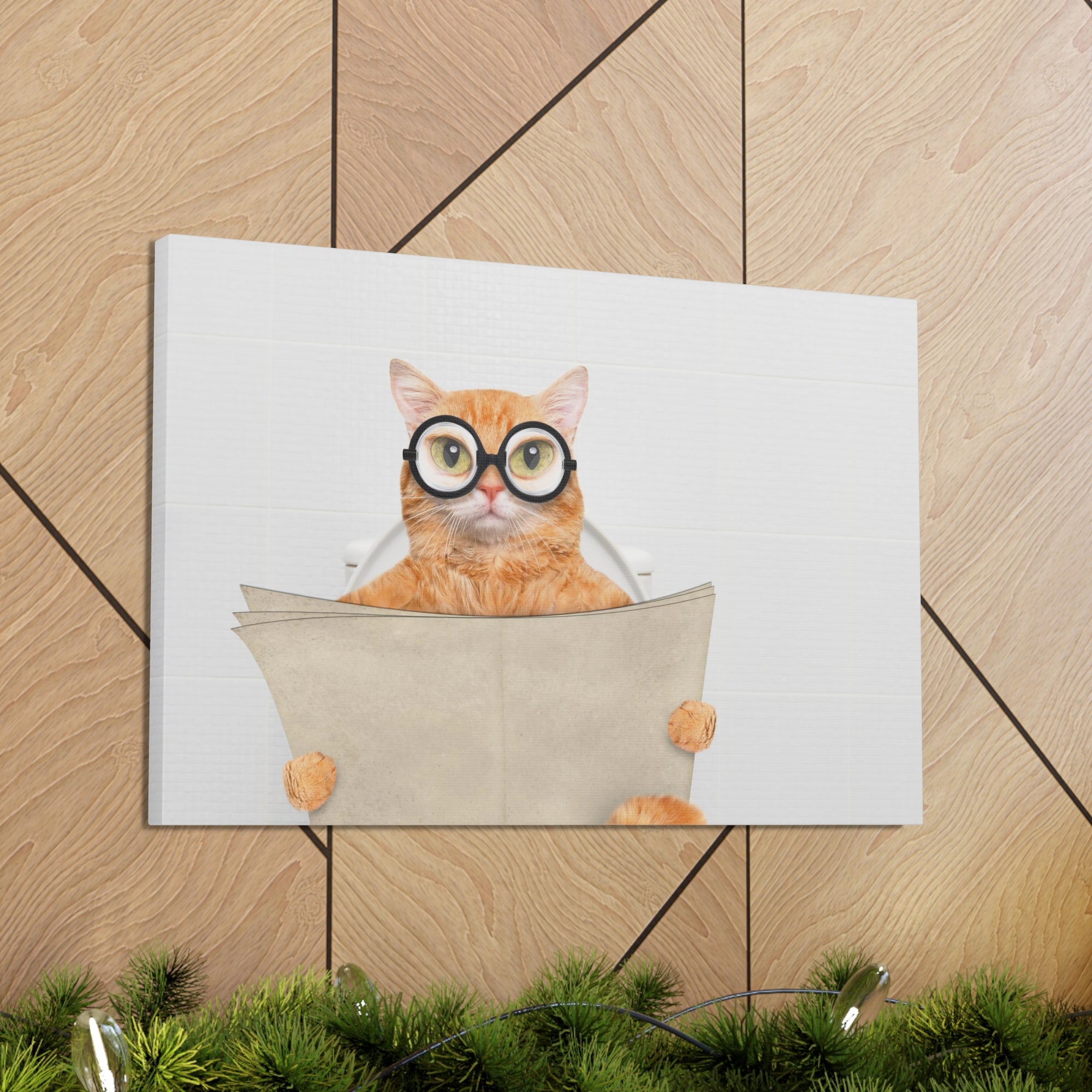 Cat Wearing Glasses Reading Newspaper On Toilet Funny Canvas Wall Art for Home Decor Ready-to-Hand-Express Your Love Gifts