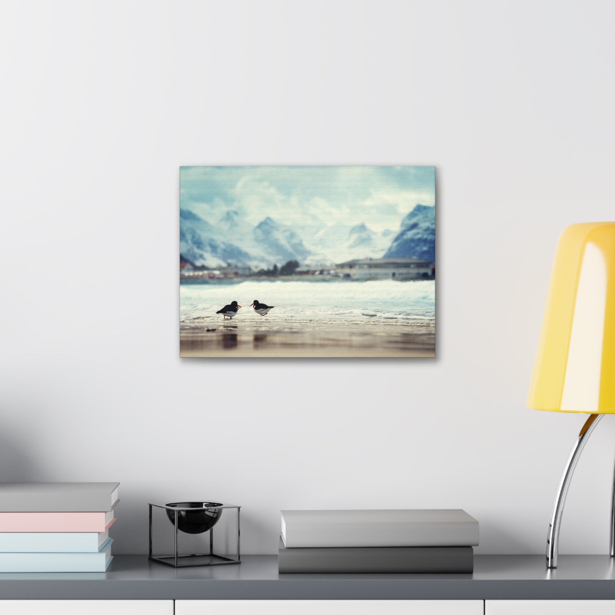 Birds And Mountain Peak On Lofoten Beach In Spring Canvas Wall Art for Home Decor Ready-to-Hang-Express Your Love Gifts