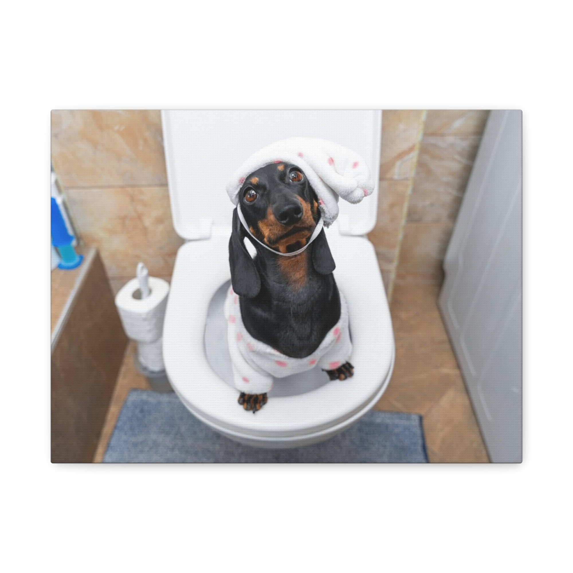 Dachshund Toilet Training In Pajamas On Toilet Funny Canvas Wall Art for Home Decor Ready-to-Hand-Express Your Love Gifts