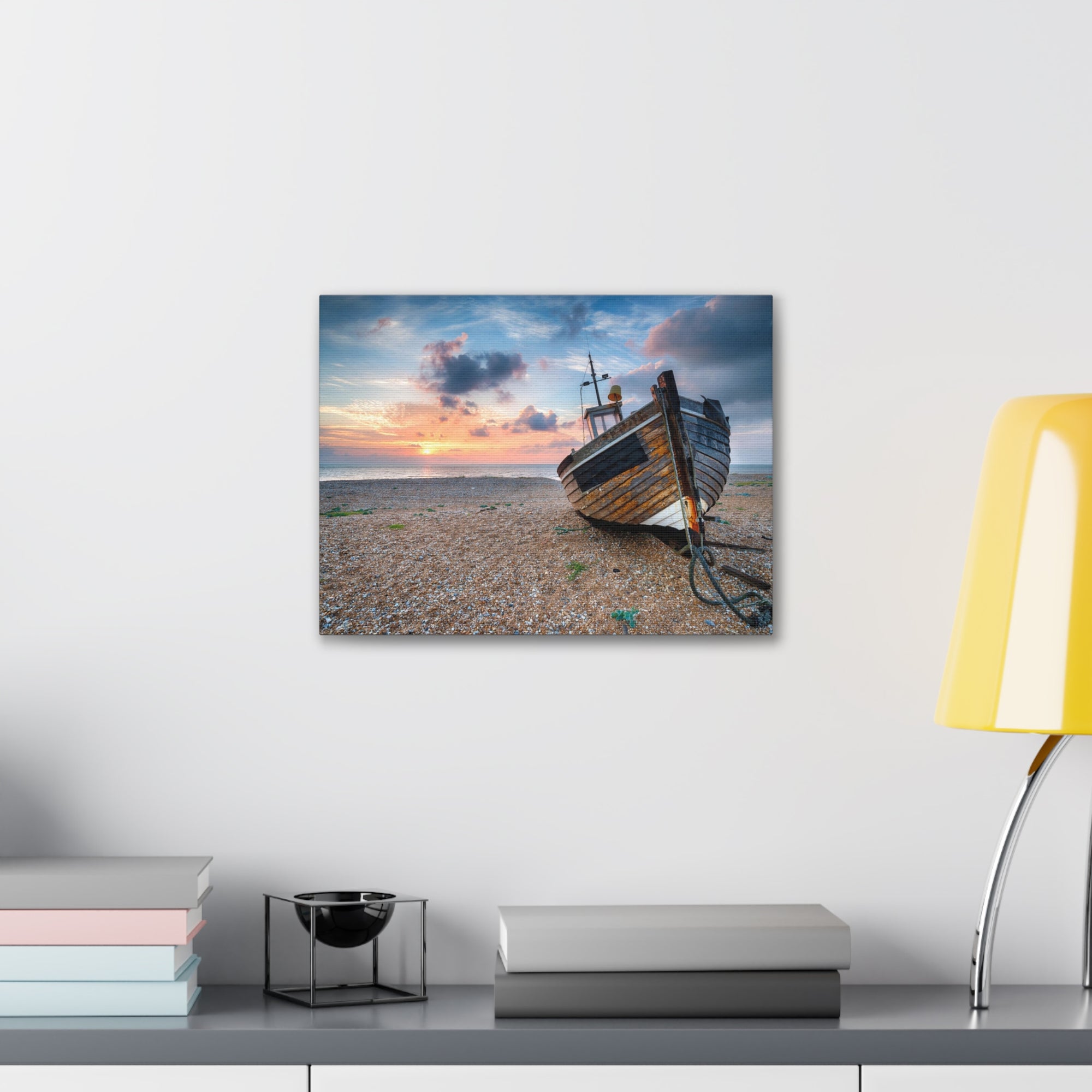 Beautiful Sunrise Wooden Fishing Boat Ocean Canvas Wall Art for Home Decor Ready-to-Hang-Express Your Love Gifts