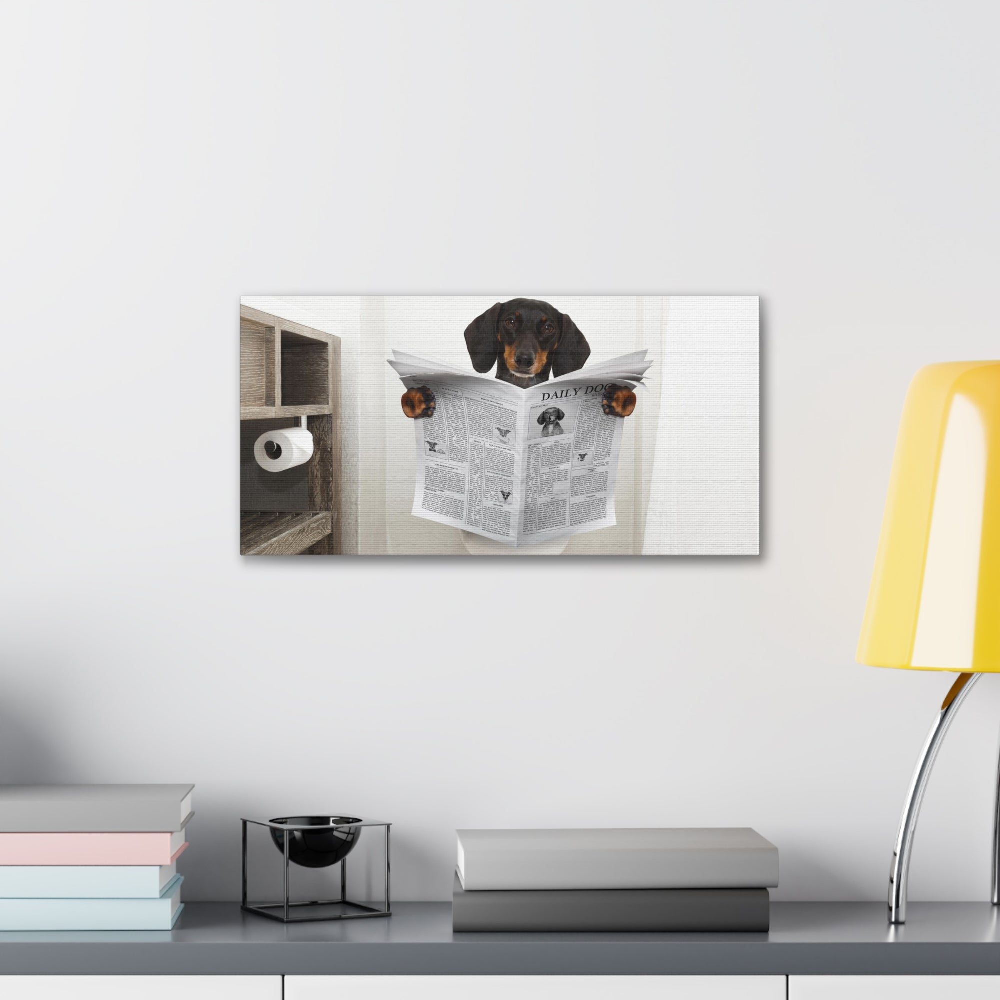 Dachshund Or Sausage Dog Reading Newspaper On Toilet Funny Canvas Wall Art for Home Decor Ready-to-Hand-Express Your Love Gifts