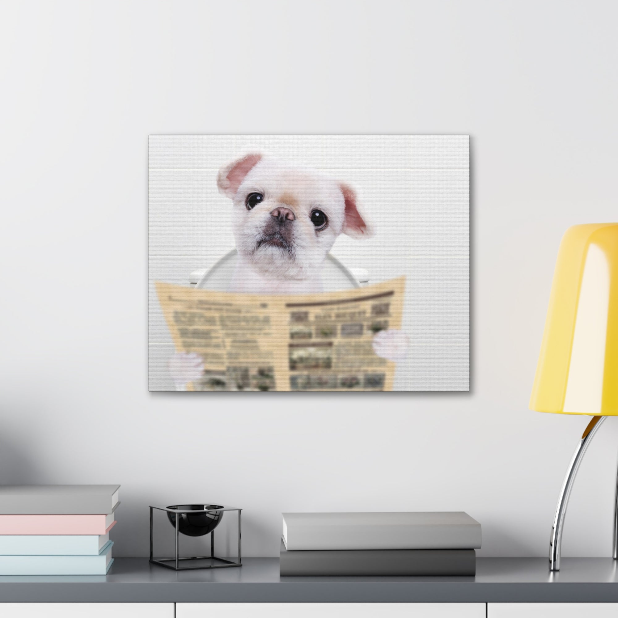 Cute Dog Reading Newspaper On Toilet Funny Canvas Wall Art for Home Decor Ready-to-Hand-Express Your Love Gifts