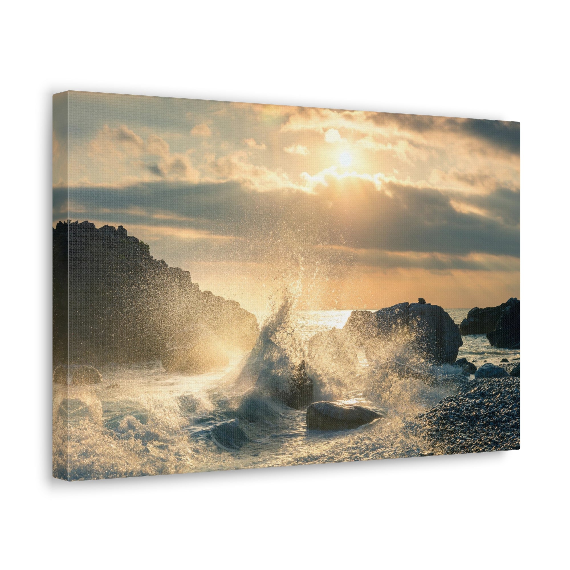 Big Wave Hit Rock At Beach Sunset Seascape Ocean Canvas Wall Art for Home Decor Ready-to-Hang-Express Your Love Gifts