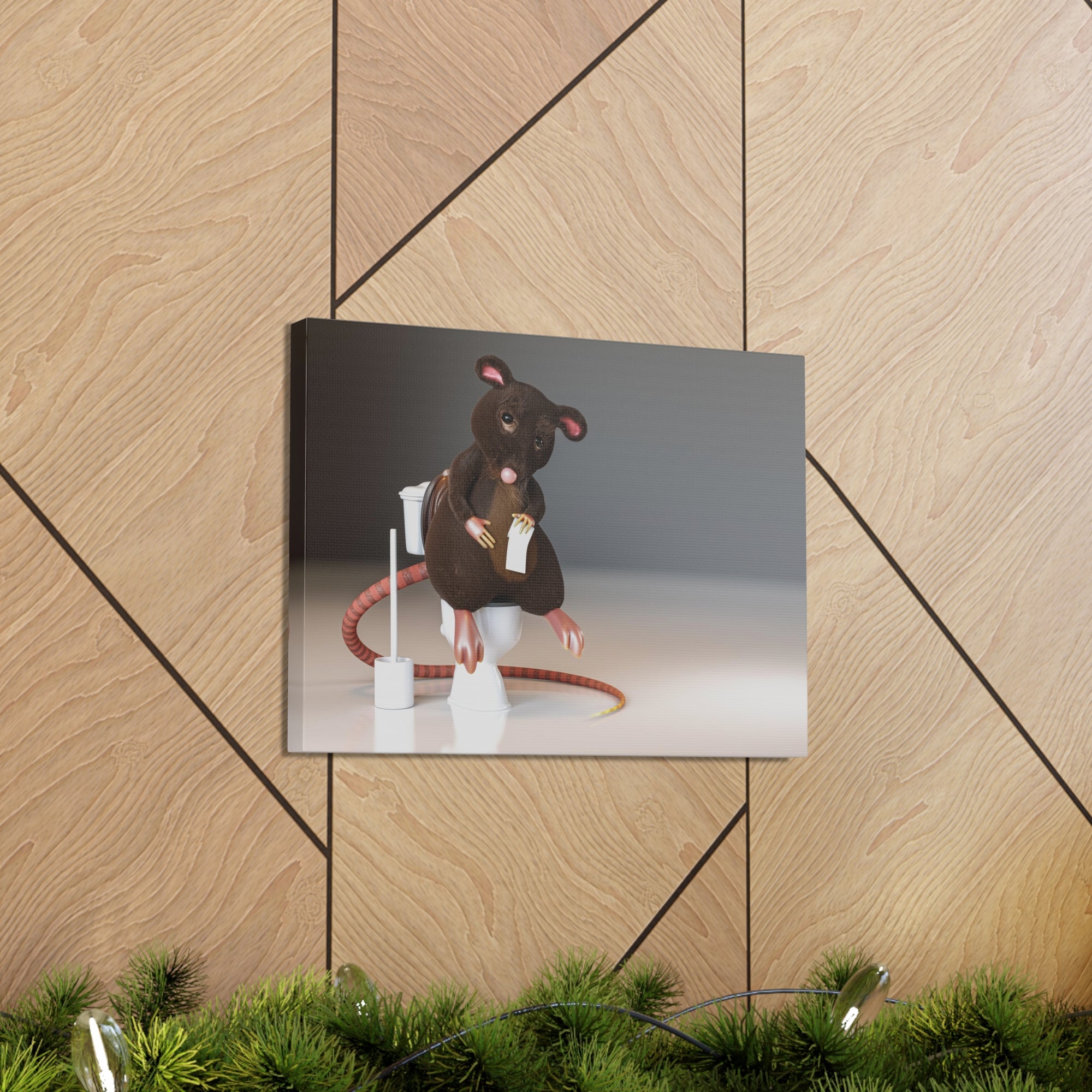 Cute Rat Holding Paper Roll Sitting On Toilet Funny Canvas Wall Art for Home Decor Ready-to-Hand-Express Your Love Gifts