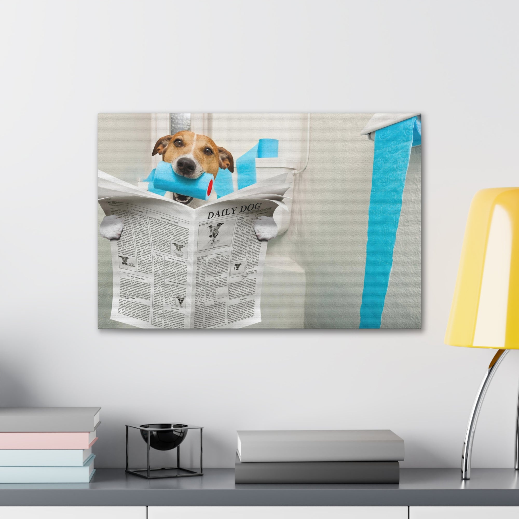 Jack Russell Terrier Biting Tissue Reading Newspaper On Toilet Funny Canvas Wall Art for Home Decor Ready-to-Hand-Express Your Love Gifts