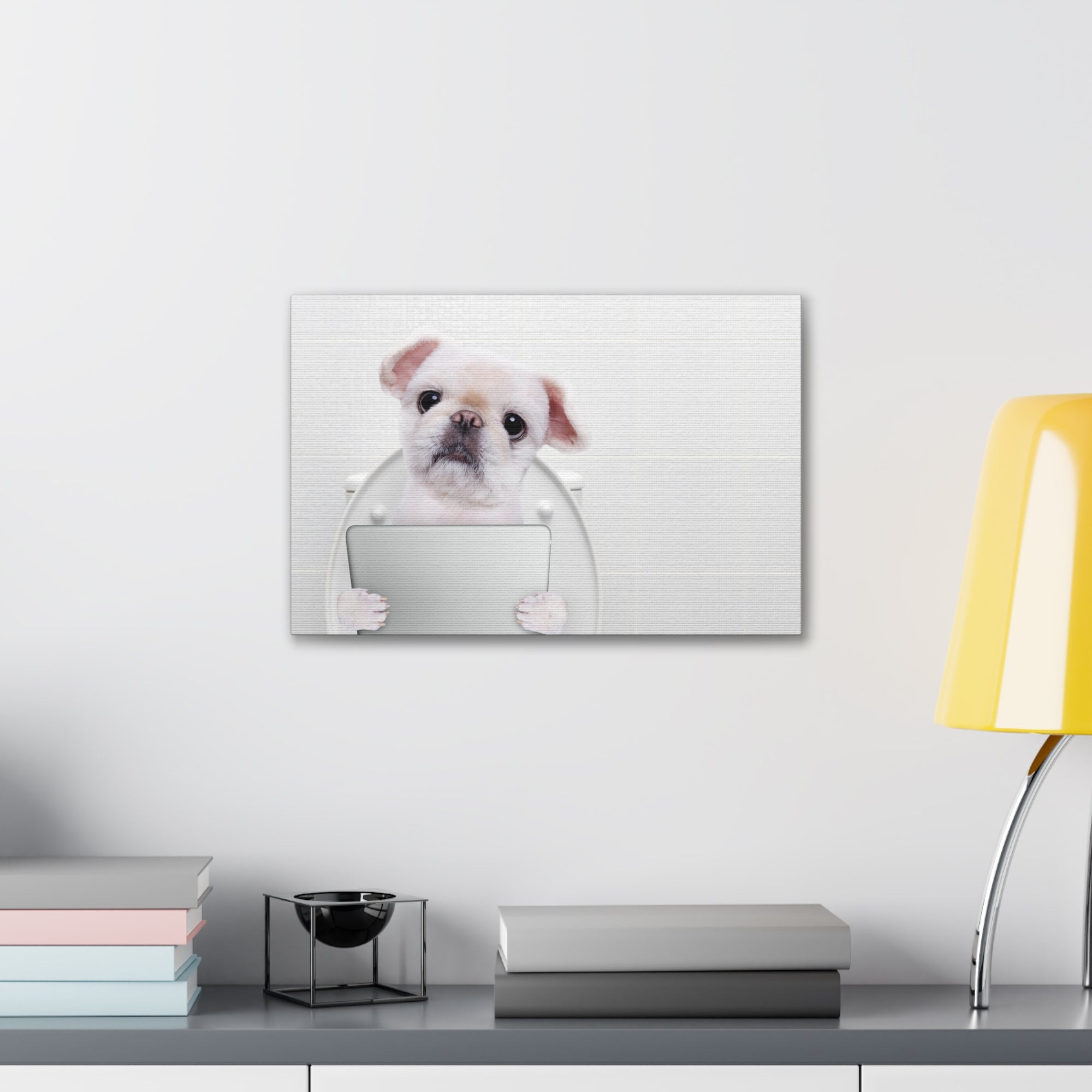 Cute Dog Holding Tablet PC Sitting On Toilet Funny Canvas Wall Art for Home Decor Ready-to-Hand-Express Your Love Gifts