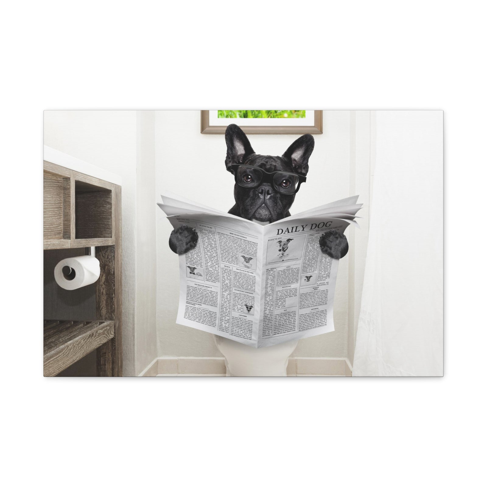 French Bulldog Reading Newspaper On Toilet Funny Canvas Wall Art for Home Decor Ready-to-Hand-Express Your Love Gifts