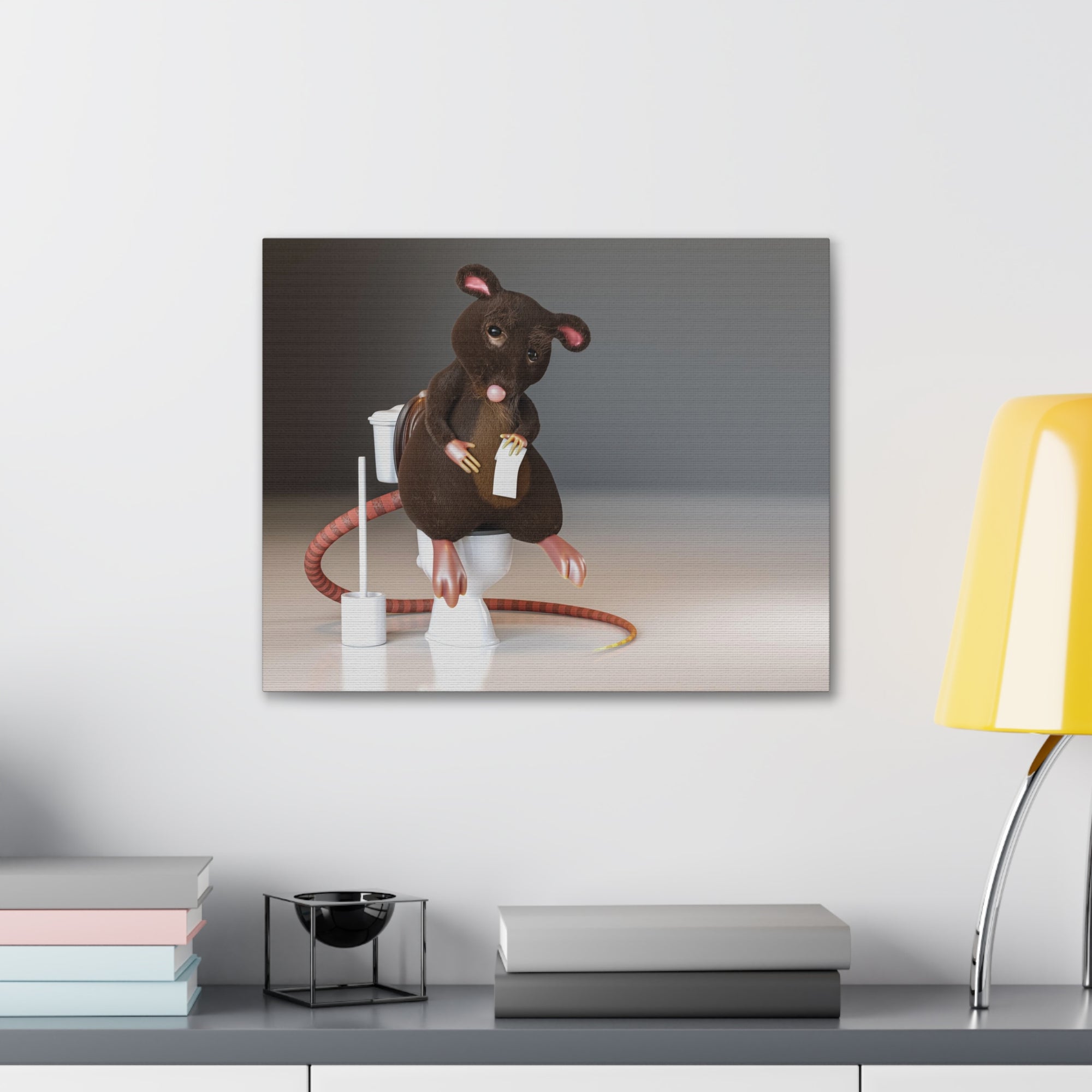 Cute Rat Holding Paper Roll Sitting On Toilet Funny Canvas Wall Art for Home Decor Ready-to-Hand-Express Your Love Gifts