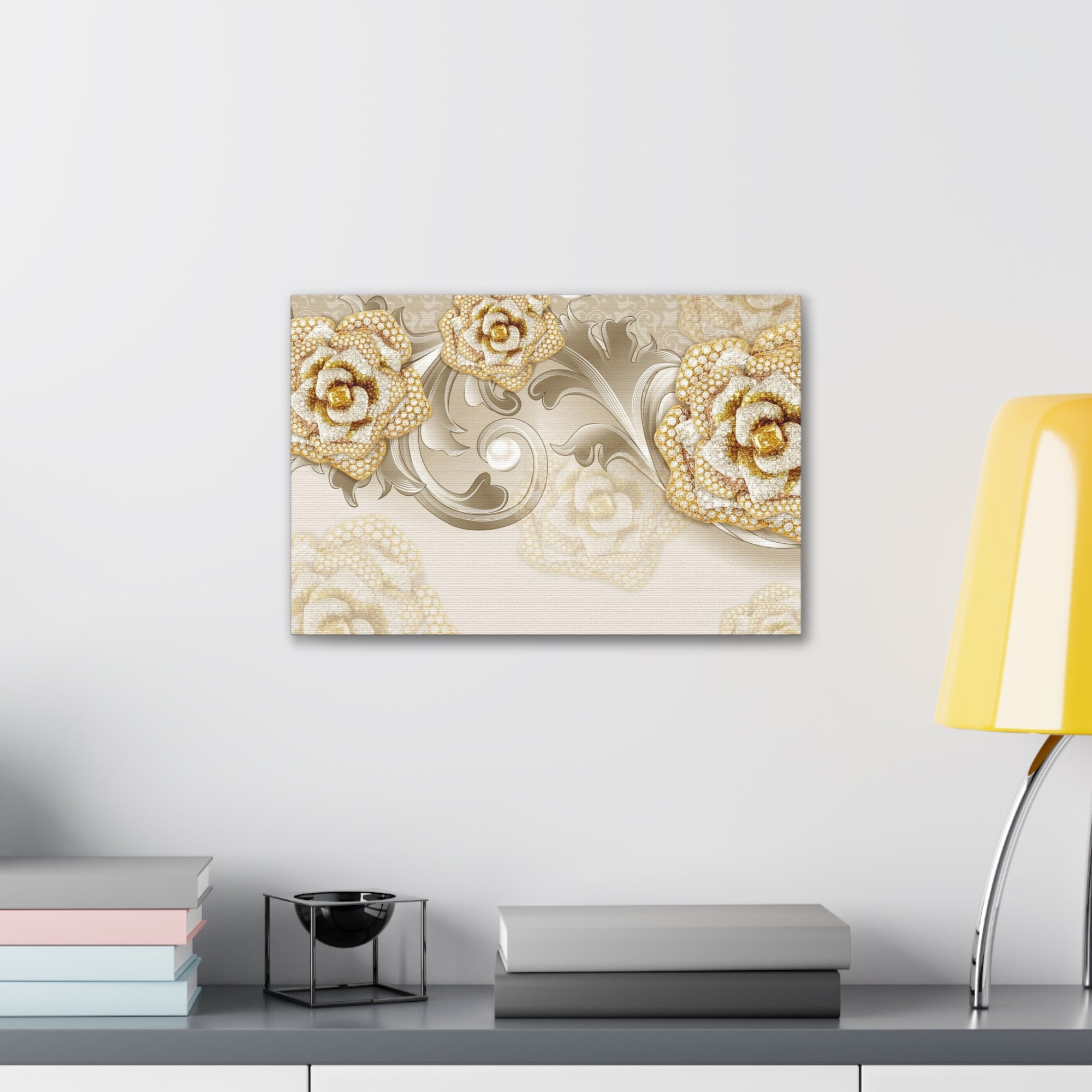 3D Gold And Gray Floral Flower Canvas Wall Art for Home Decor Ready-to-Hang-Express Your Love Gifts