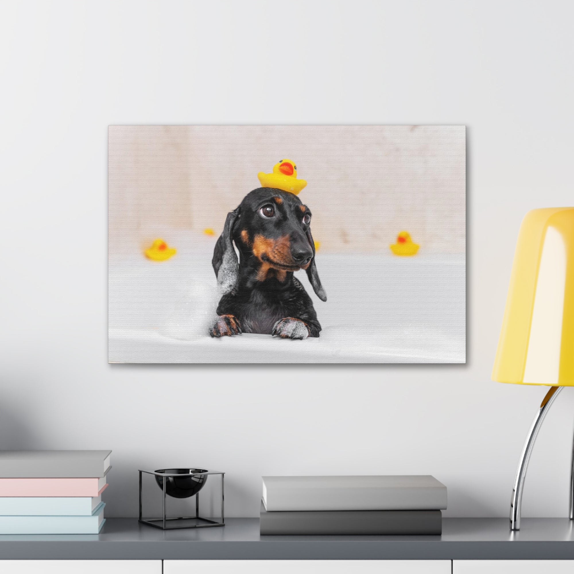 Dachshund In Bathtub With Yellow Duck On Toilet Funny Canvas Wall Art for Home Decor Ready-to-Hand-Express Your Love Gifts