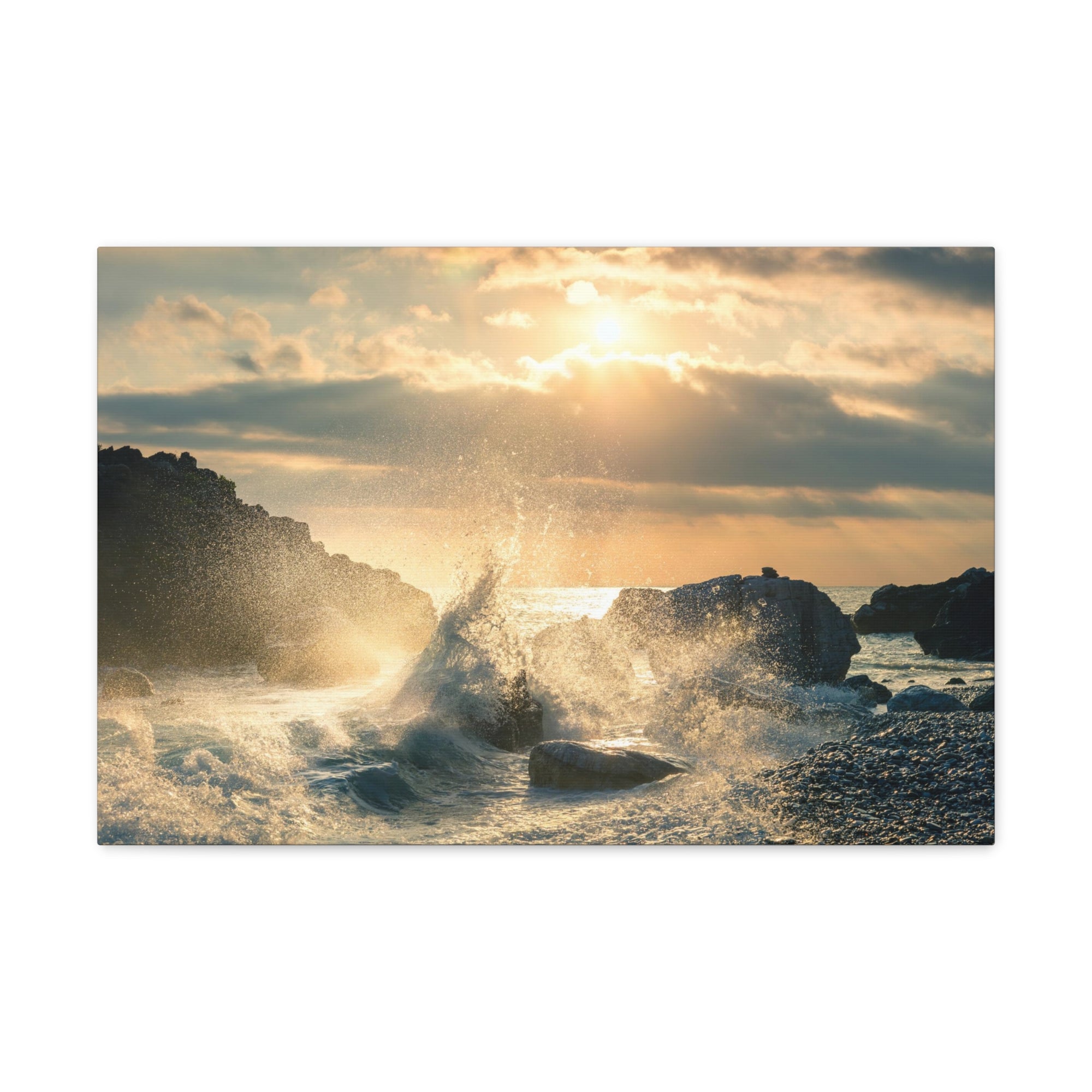 Big Wave Hit Rock At Beach Sunset Seascape Ocean Canvas Wall Art for Home Decor Ready-to-Hang-Express Your Love Gifts