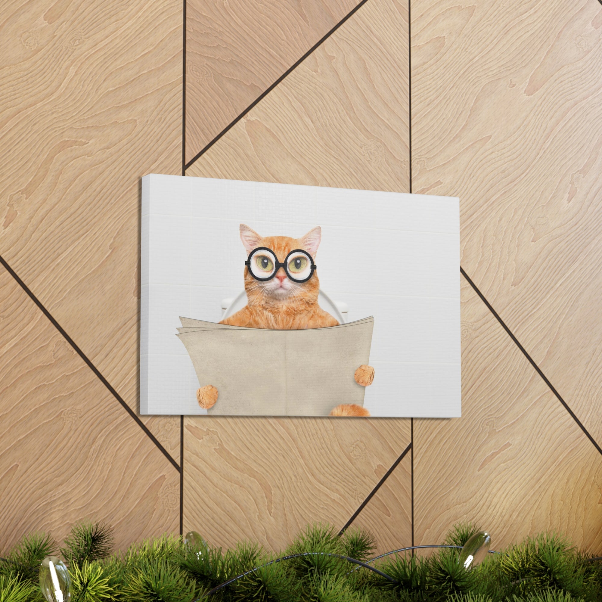 Cat Wearing Glasses Reading Newspaper On Toilet Funny Canvas Wall Art for Home Decor Ready-to-Hand-Express Your Love Gifts