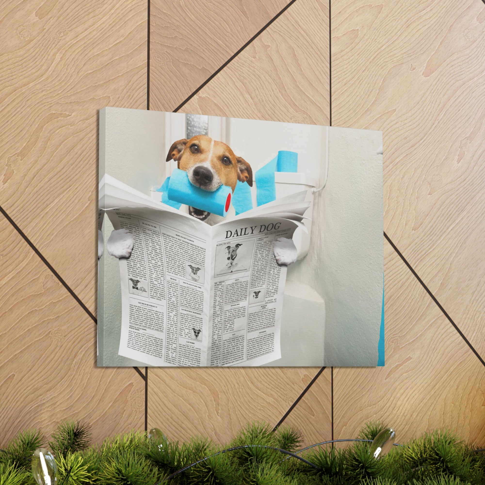 Jack Russell Terrier Biting Tissue Reading Newspaper On Toilet Funny Canvas Wall Art for Home Decor Ready-to-Hand-Express Your Love Gifts