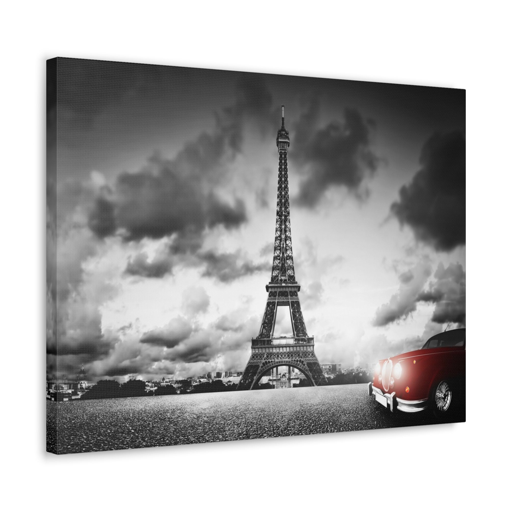 Artistic Image of Eiffel Tower And Red Retro Car Paris Eiffel Tower Couple France Canvas Artwork High-Quality Breathtaking French City for Home Decor Ready to Hang-Express Your Love Gifts