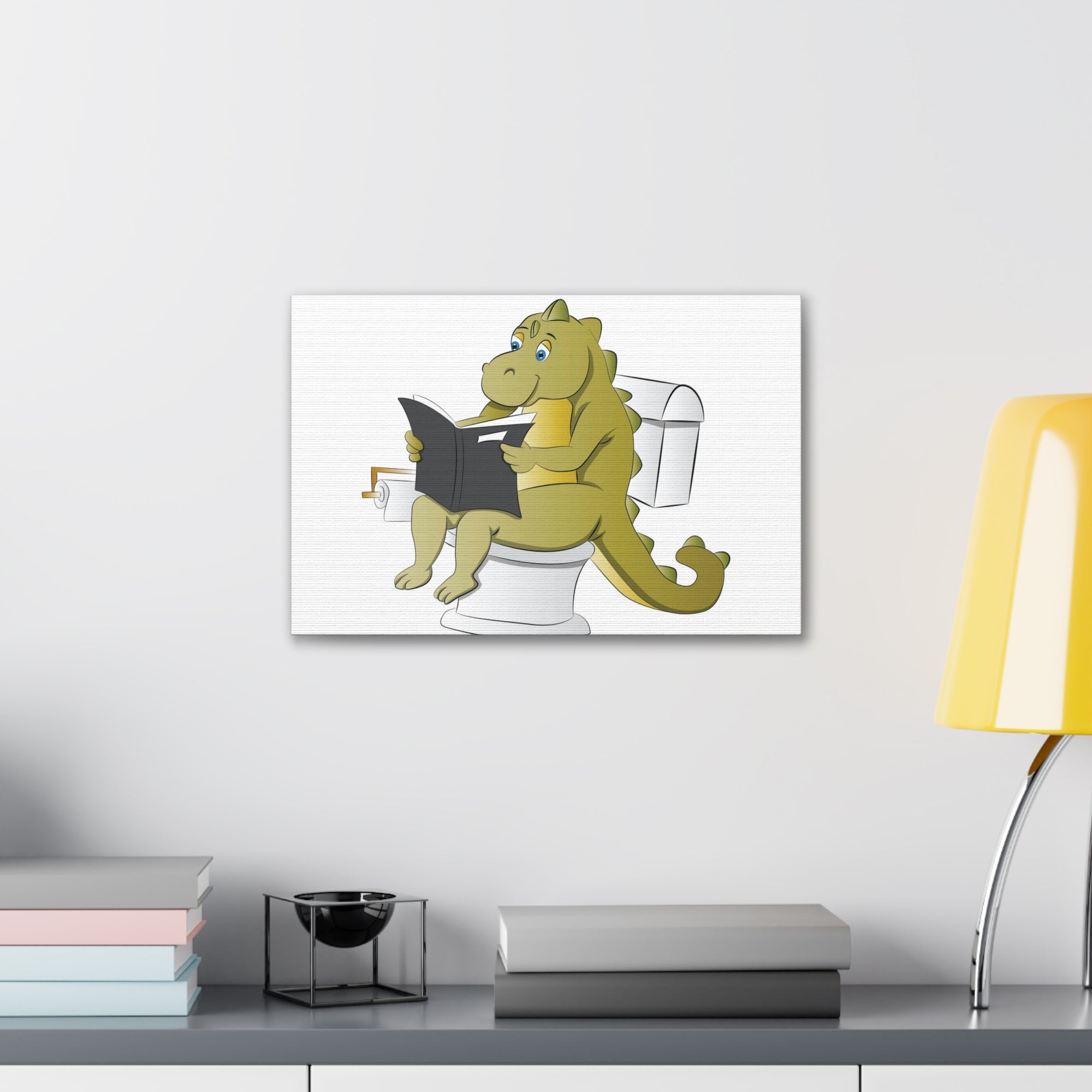 Dinosaur Sitting Reading Newspaper On Toilet Funny Canvas Wall Art for Home Decor Ready-to-Hand-Express Your Love Gifts