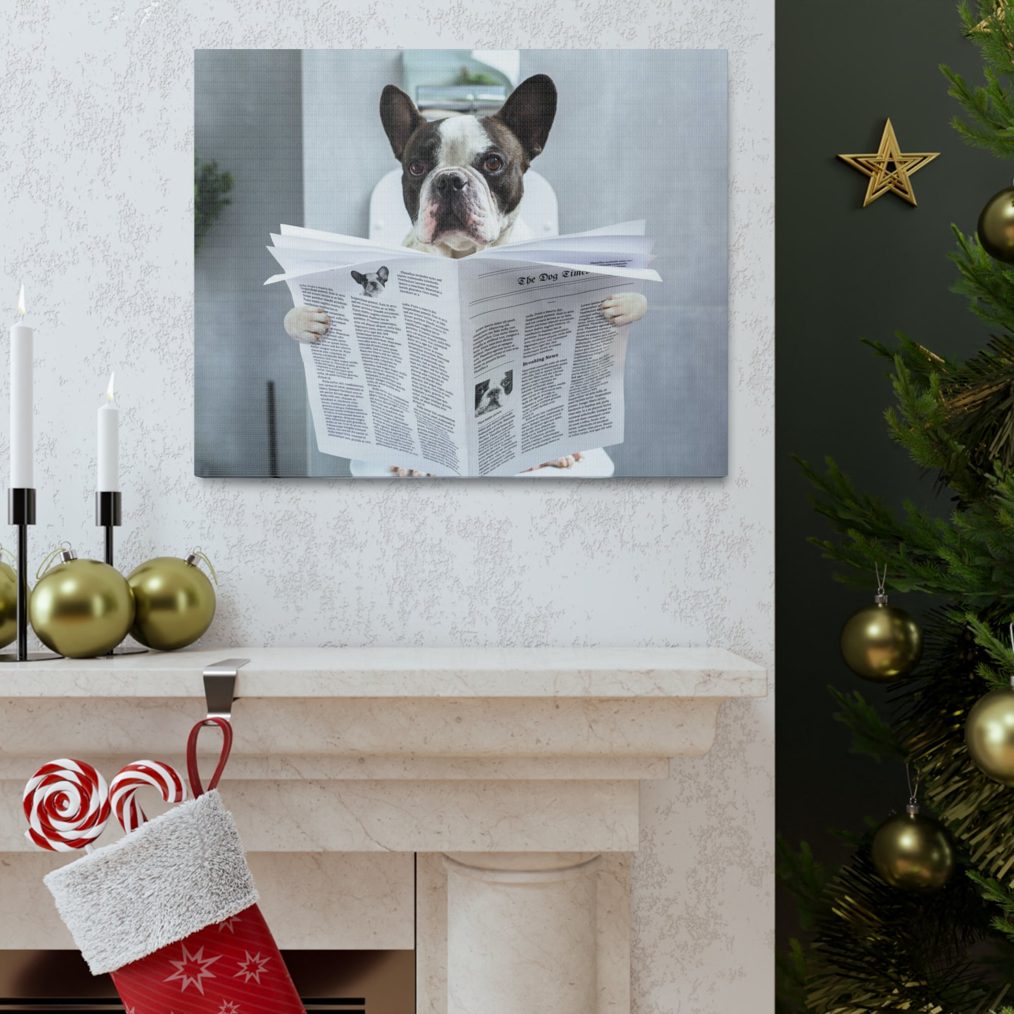 French bulldog Reading Newspaper On Toilet Funny Canvas Wall Art for Home Decor Ready-to-Hand-Express Your Love Gifts