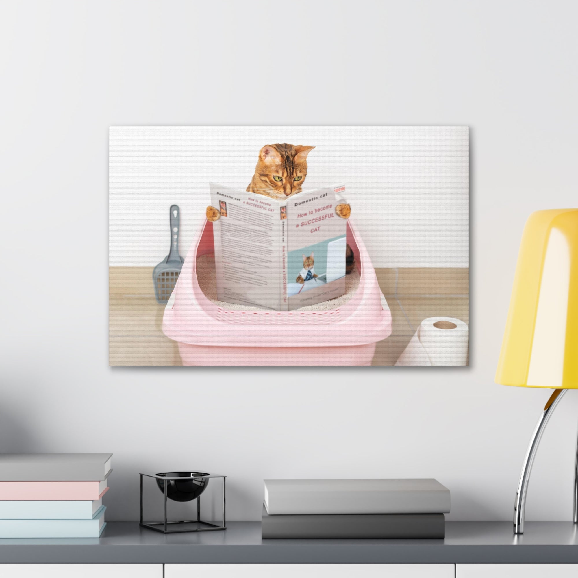 Brown Cat Reading A Book Sitting On Toilet Funny Canvas Wall Art for Home Decor Ready-to-Hand-Express Your Love Gifts