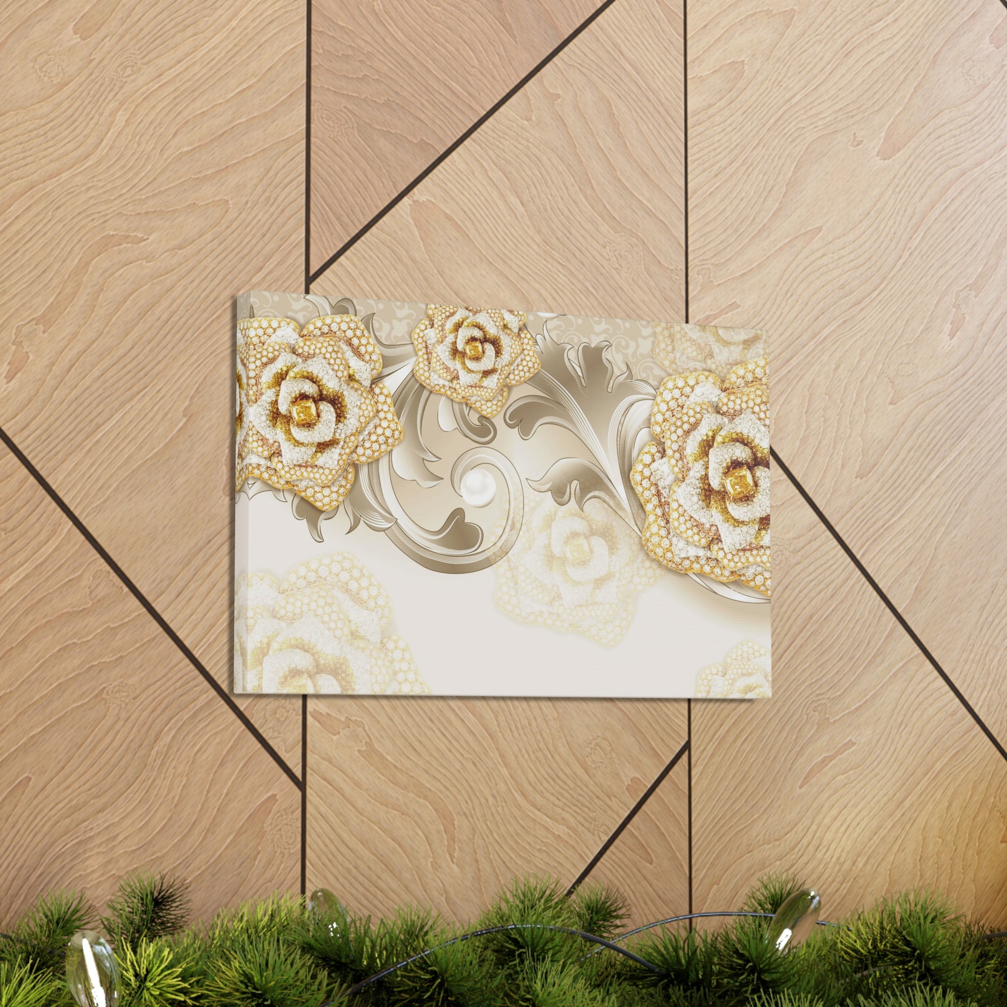 3D Gold And Gray Floral Flower Canvas Wall Art for Home Decor Ready-to-Hang-Express Your Love Gifts