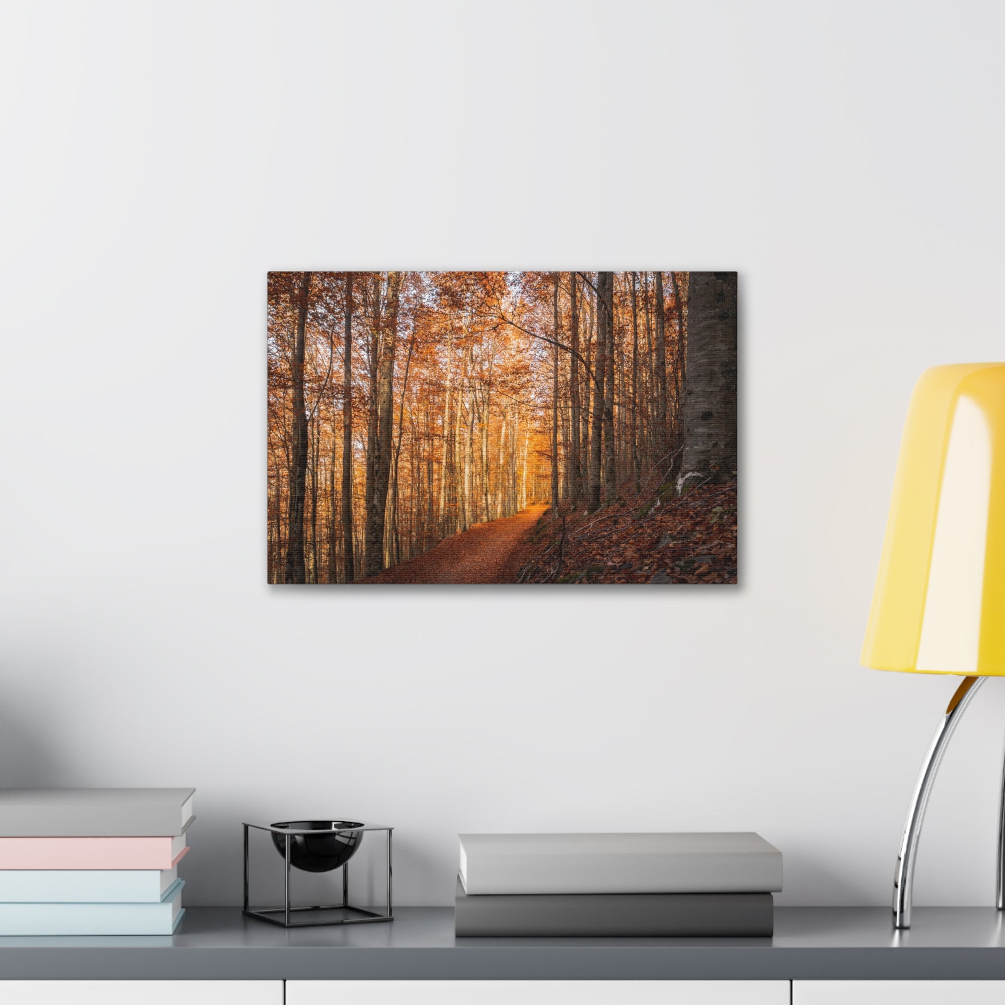 Autumn Forest Tree Trail With Yellow Leaves Nature Wilderness Photography Canvas Wall Art for Home Decor Ready-to-Hang-Express Your Love Gifts