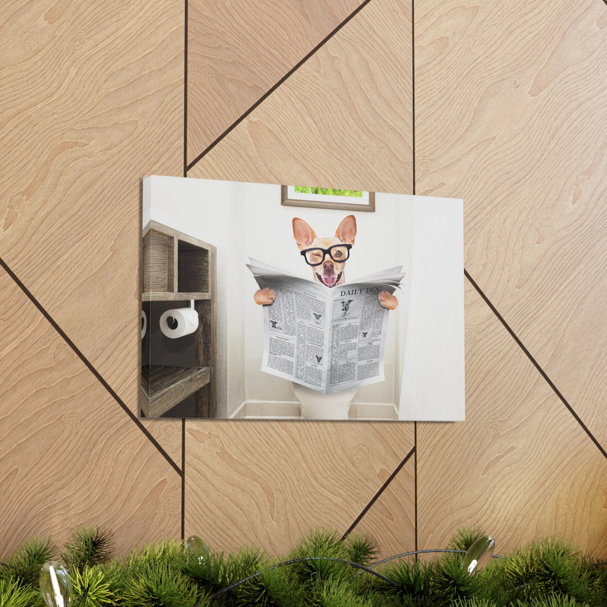 Funny Chihuahua Reading Newspaper On Toilet Funny Canvas Wall Art for Home Decor Ready-to-Hand-Express Your Love Gifts