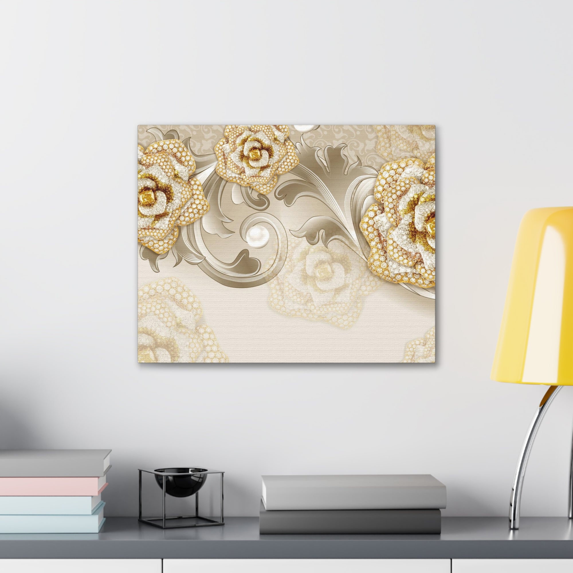 3D Gold And Gray Floral Flower Canvas Wall Art for Home Decor Ready-to-Hang-Express Your Love Gifts