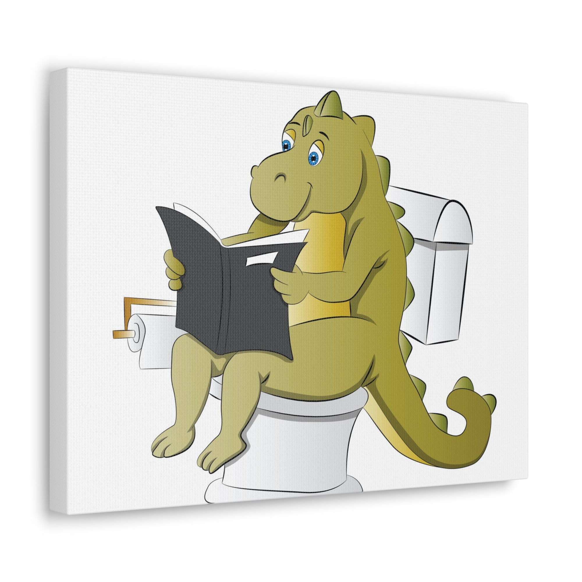 Dinosaur Sitting Reading Newspaper On Toilet Funny Canvas Wall Art for Home Decor Ready-to-Hand-Express Your Love Gifts