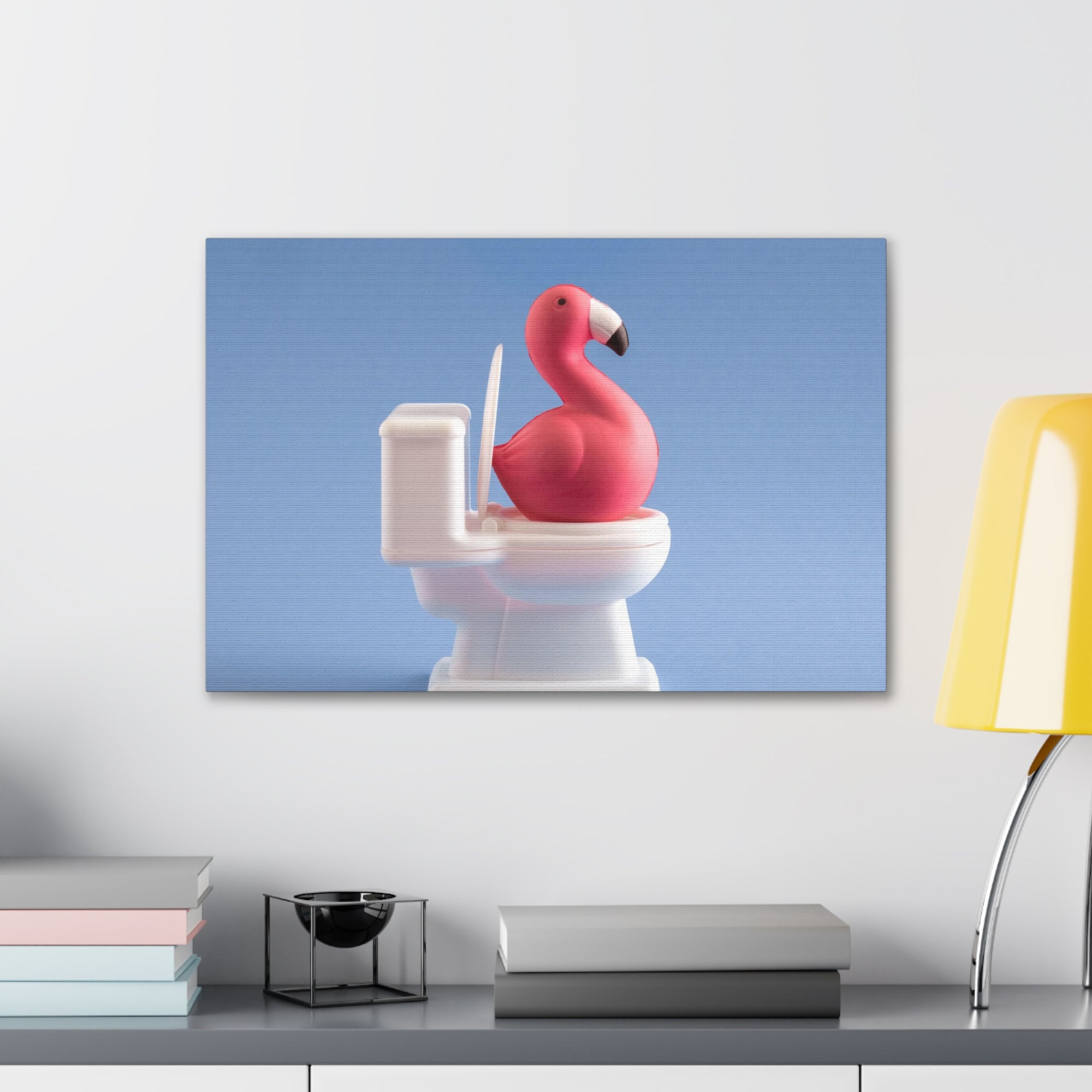 Cute Pink Flamingo Sitting On Toilet Funny Canvas Wall Art for Home Decor Ready-to-Hand-Express Your Love Gifts