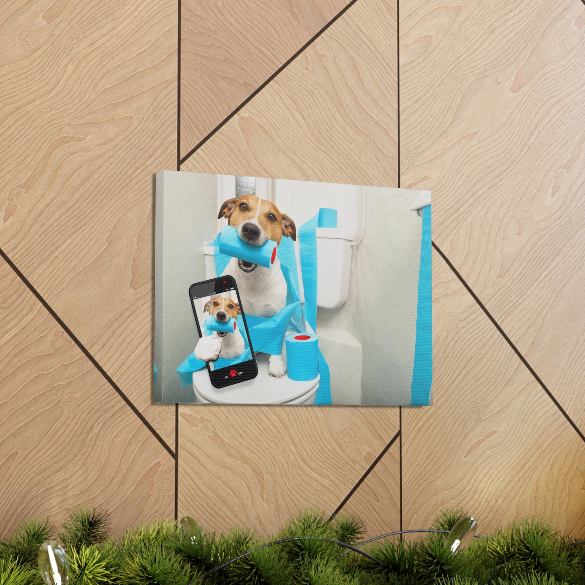 Jack Russell Terrier Holding Phone On Toilet Funny Canvas Wall Art for Home Decor Ready-to-Hand-Express Your Love Gifts