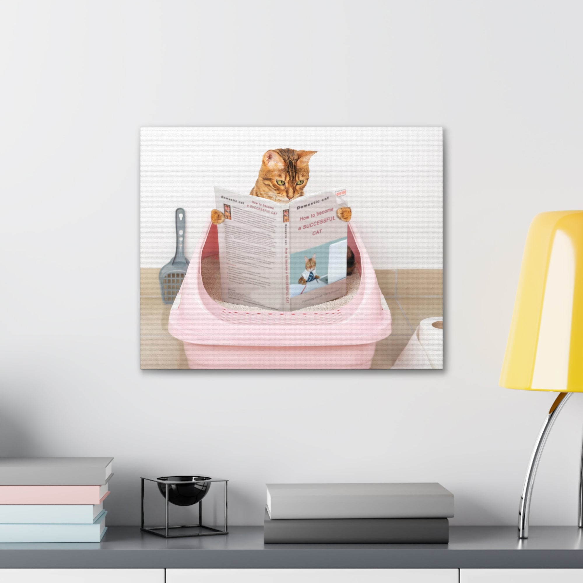 Brown Cat Reading A Book Sitting On Toilet Funny Canvas Wall Art for Home Decor Ready-to-Hand-Express Your Love Gifts