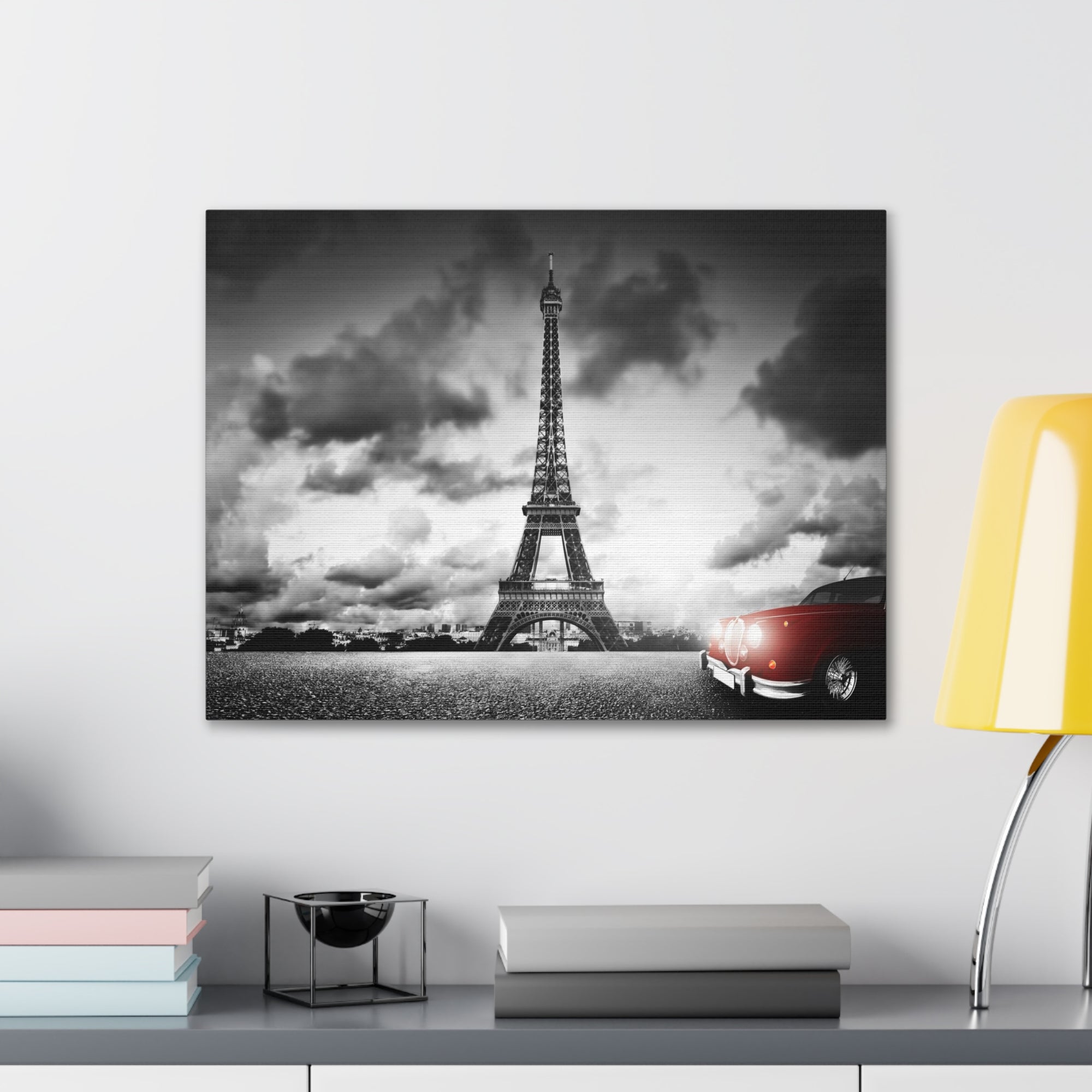 Artistic Image of Eiffel Tower And Red Retro Car Paris Eiffel Tower Couple France Canvas Artwork High-Quality Breathtaking French City for Home Decor Ready to Hang-Express Your Love Gifts