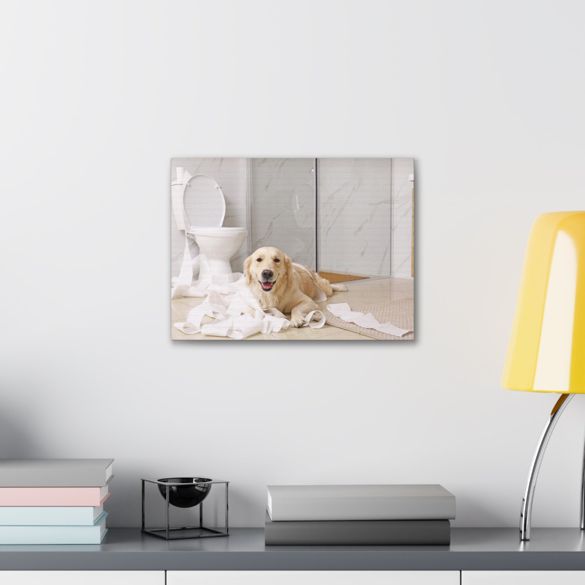 Cute Golden Labrador Retriever Playing On Toilet Funny Canvas Wall Art for Home Decor Ready-to-Hand-Express Your Love Gifts