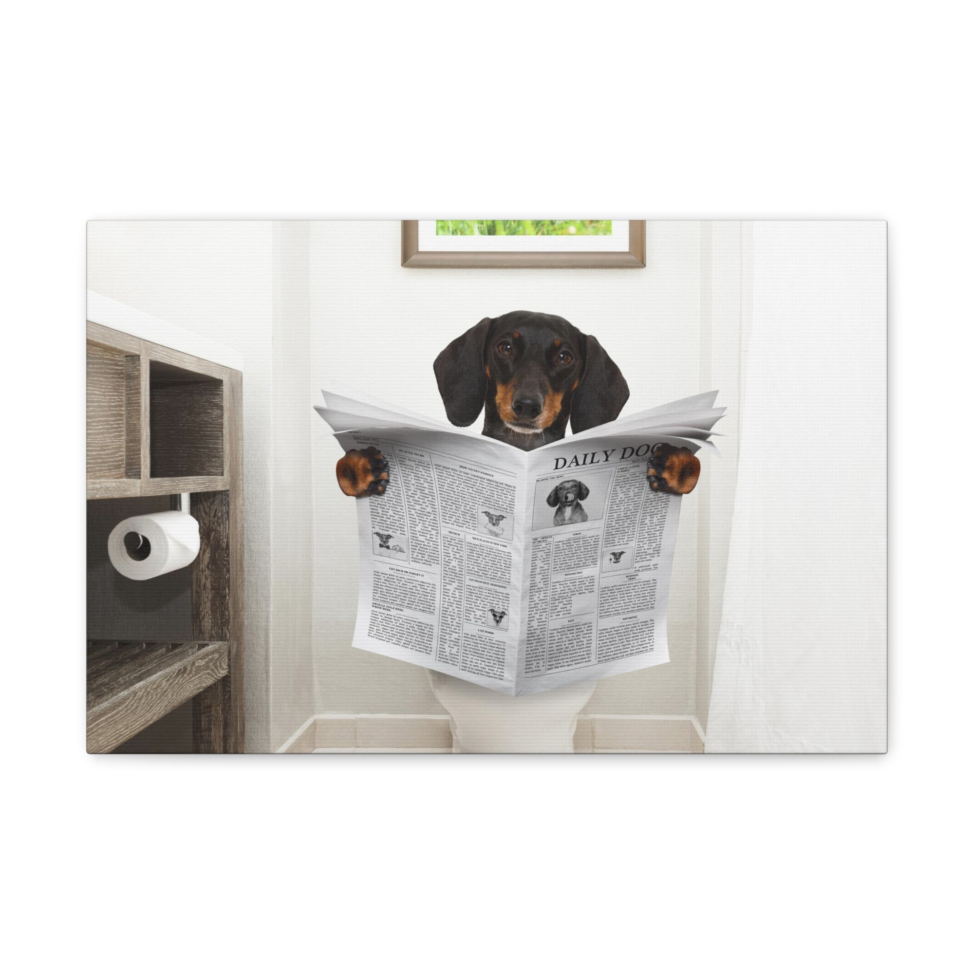 Dachshund Or Sausage Dog Reading Newspaper On Toilet Funny Canvas Wall Art for Home Decor Ready-to-Hand-Express Your Love Gifts