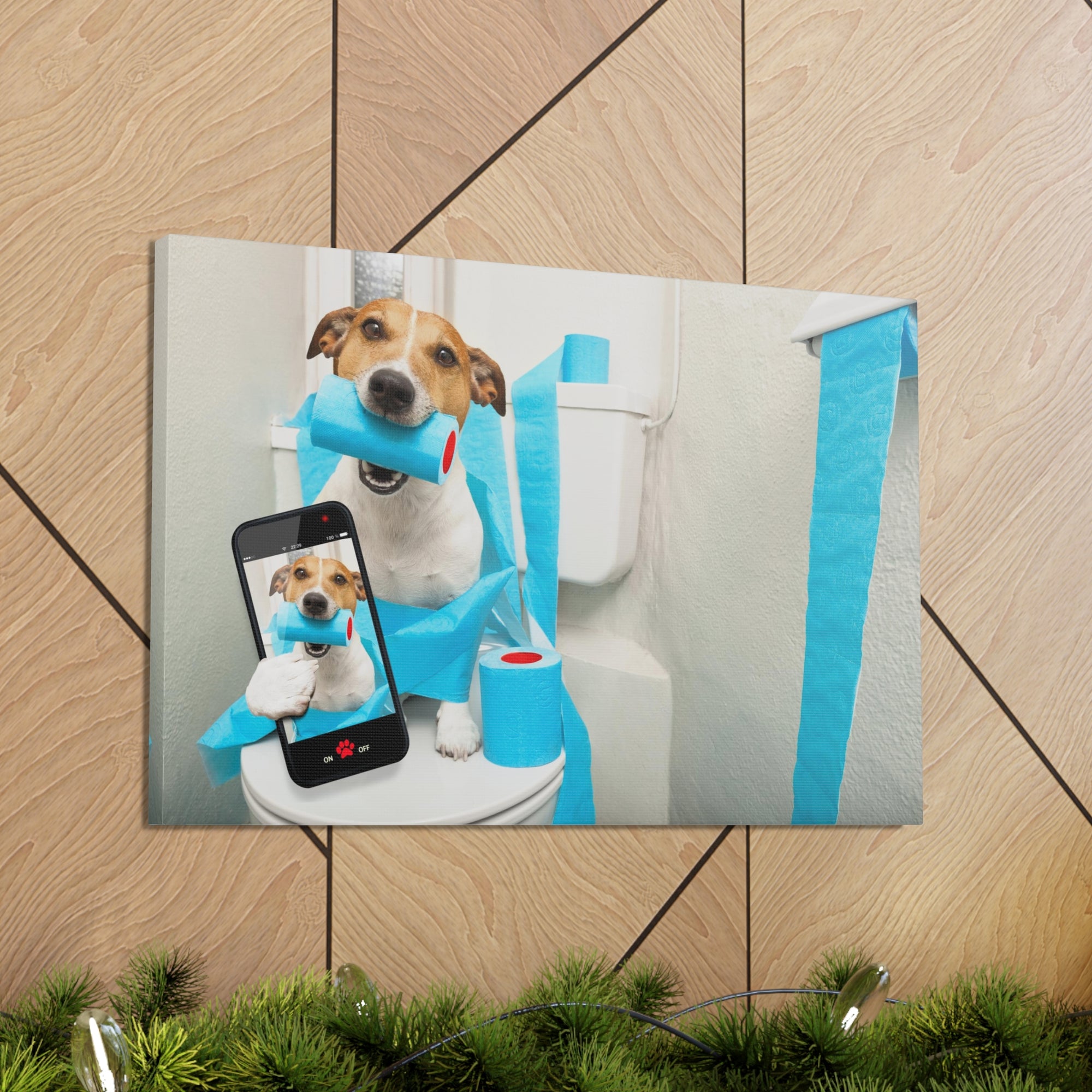 Jack Russell Terrier Holding Phone On Toilet Funny Canvas Wall Art for Home Decor Ready-to-Hand-Express Your Love Gifts