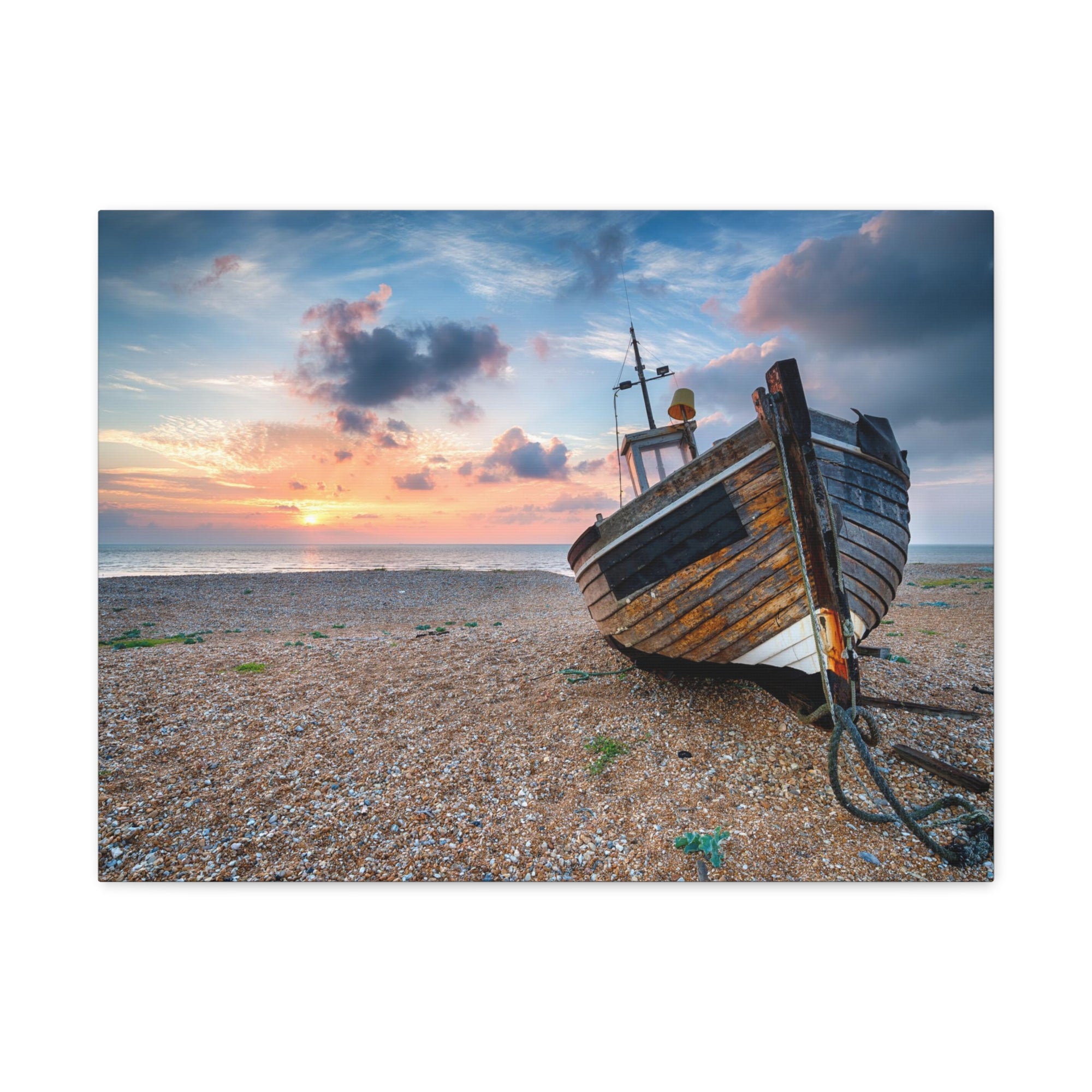 Beautiful Sunrise Wooden Fishing Boat Ocean Canvas Wall Art for Home Decor Ready-to-Hang-Express Your Love Gifts