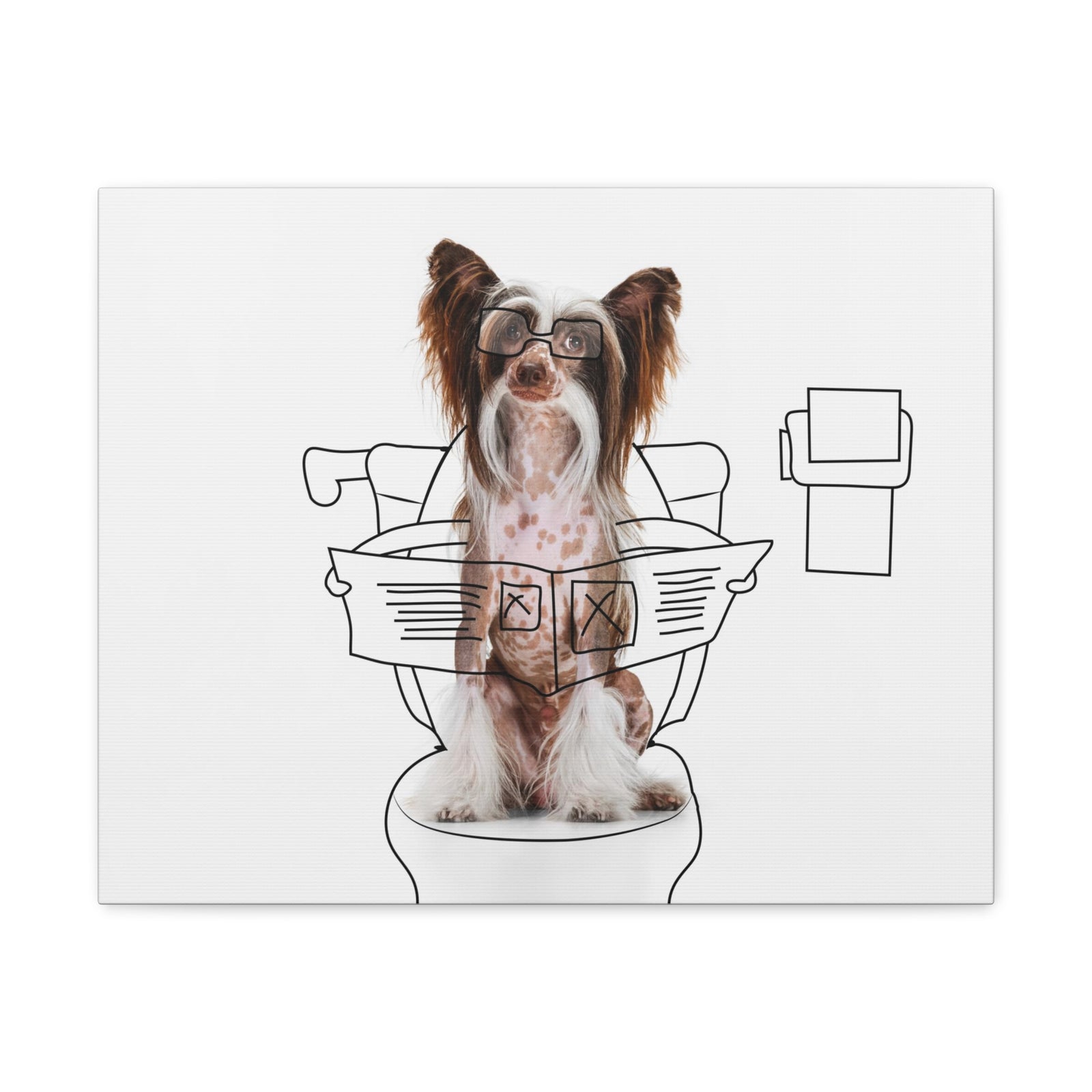 Chinese Crested Reading Newspaper On Toilet Funny Canvas Wall Art for Home Decor Ready-to-Hand-Express Your Love Gifts