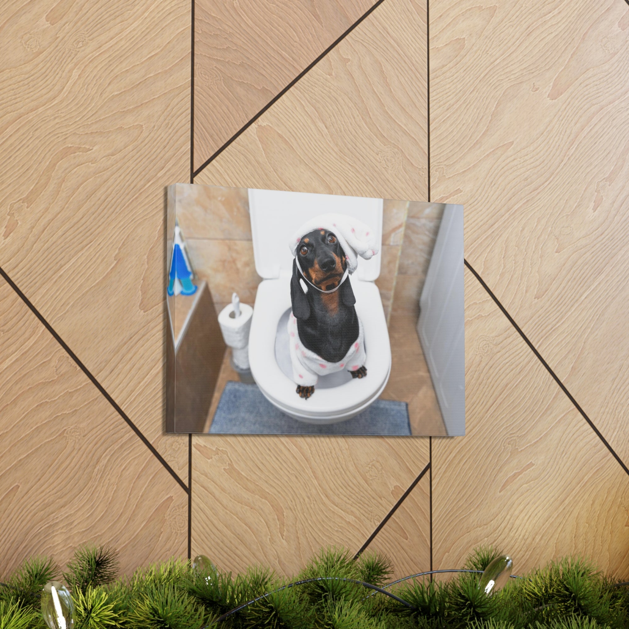 Dachshund Toilet Training In Pajamas On Toilet Funny Canvas Wall Art for Home Decor Ready-to-Hand-Express Your Love Gifts