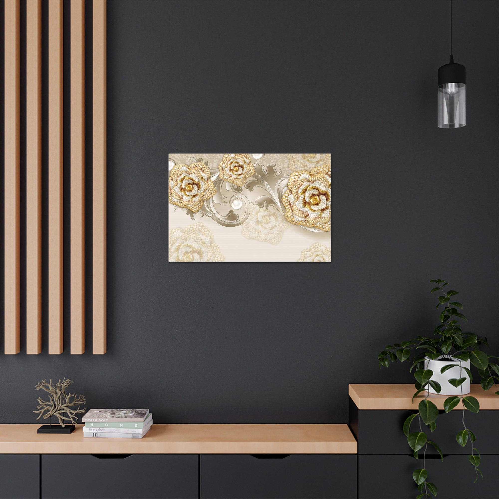 3D Gold And Gray Floral Flower Canvas Wall Art for Home Decor Ready-to-Hang-Express Your Love Gifts