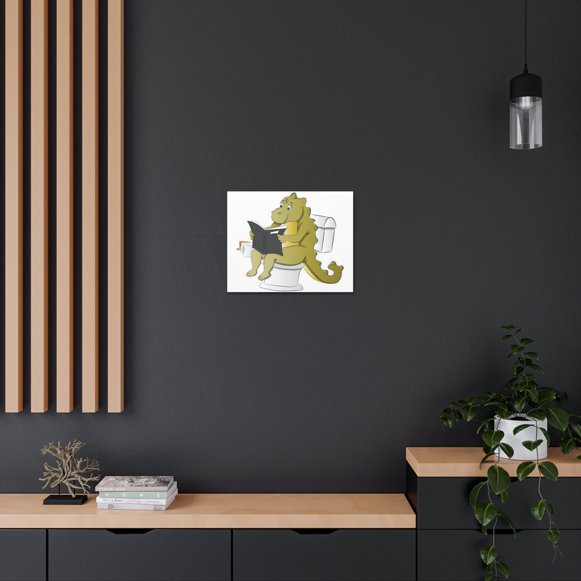 Dinosaur Sitting Reading Newspaper On Toilet Funny Canvas Wall Art for Home Decor Ready-to-Hand-Express Your Love Gifts