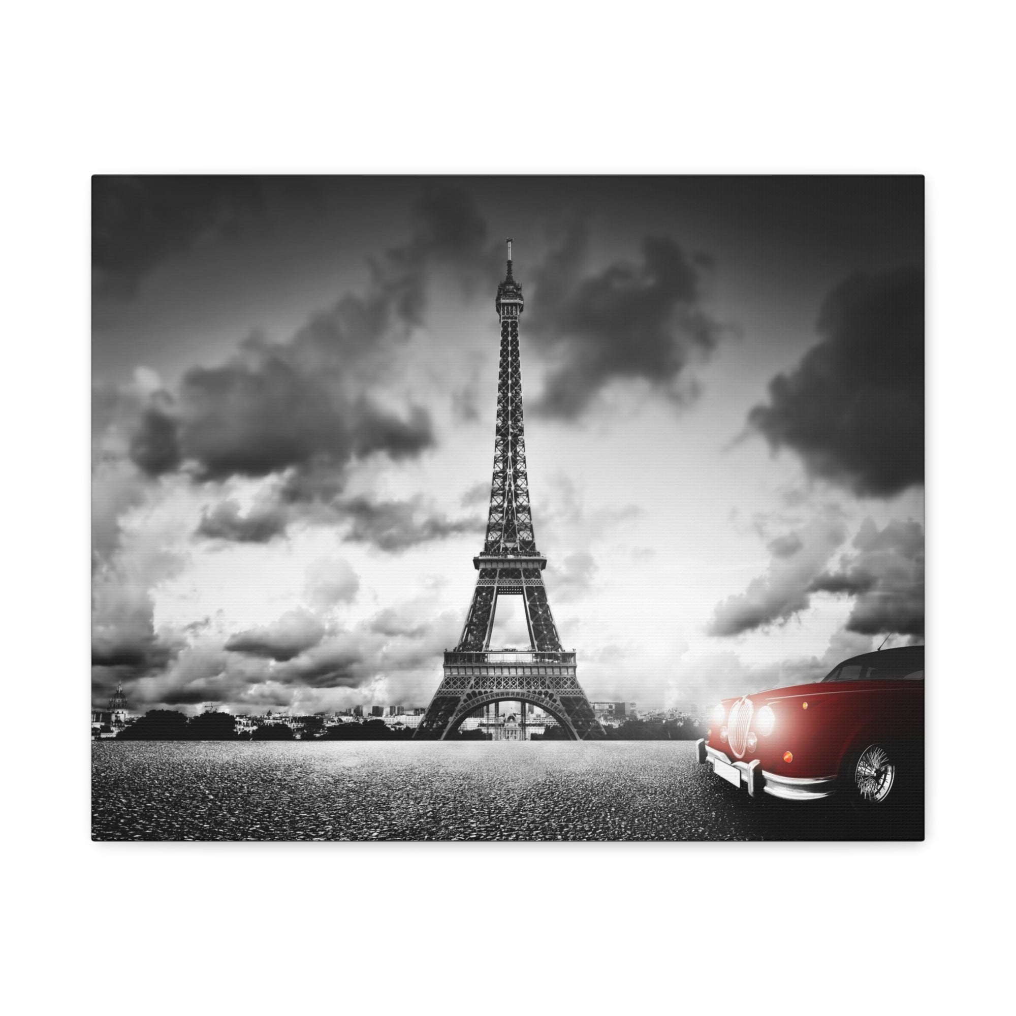 Artistic Image of Eiffel Tower And Red Retro Car Paris Eiffel Tower Couple France Canvas Artwork High-Quality Breathtaking French City for Home Decor Ready to Hang-Express Your Love Gifts