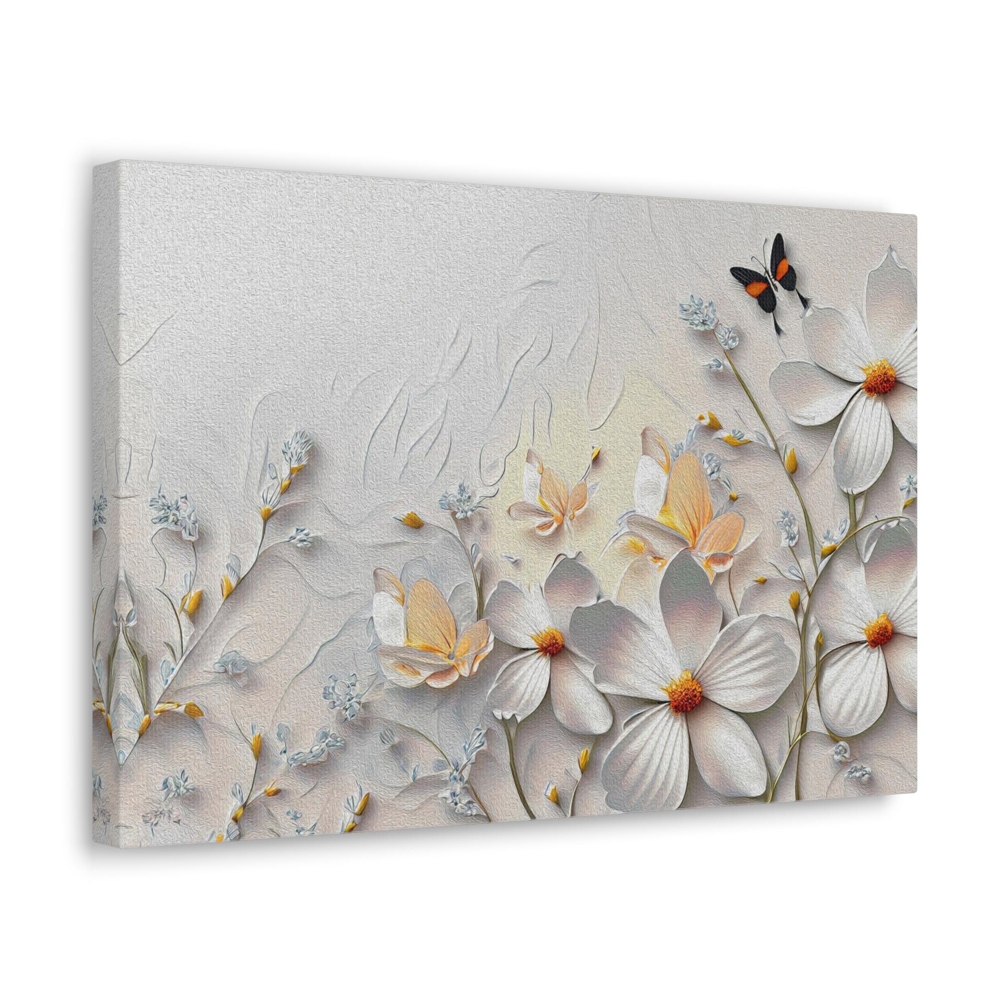 3D Abstract Small And Large White Flowers With Butterflies Oil Painting Canvas Wall Art for Home Decor Ready-to-Hang-Express Your Love Gifts