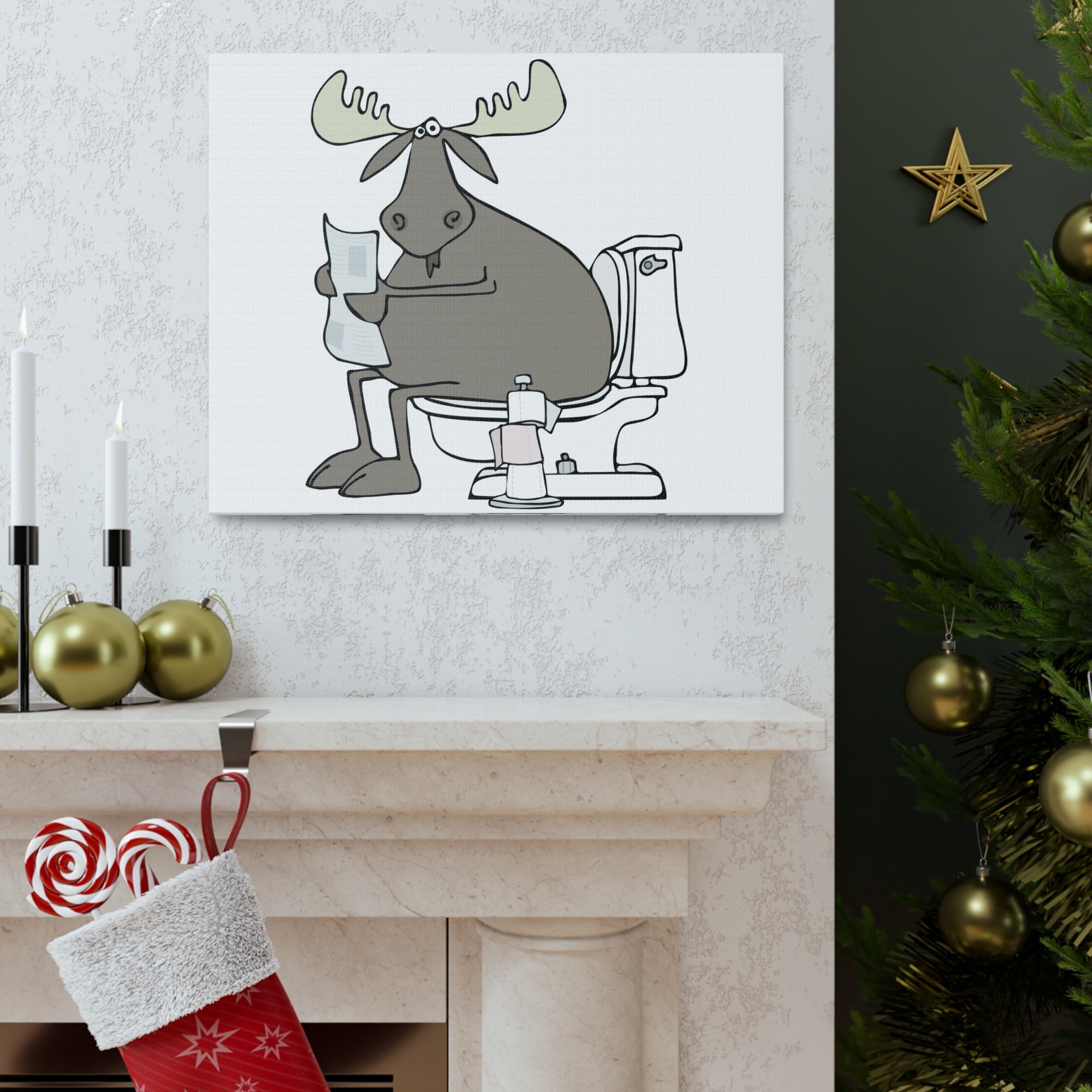 Moose Reading Newspaper On Toilet Funny Canvas Wall Art for Home Decor Ready-to-Hand-Express Your Love Gifts