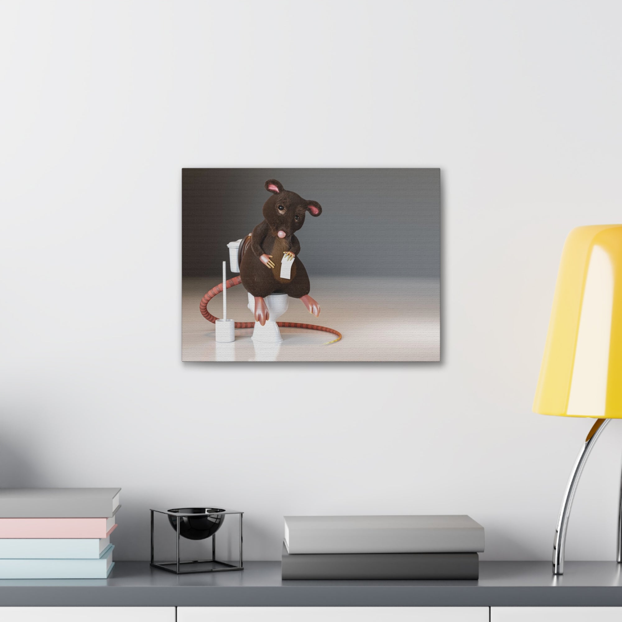 Cute Rat Holding Paper Roll Sitting On Toilet Funny Canvas Wall Art for Home Decor Ready-to-Hand-Express Your Love Gifts