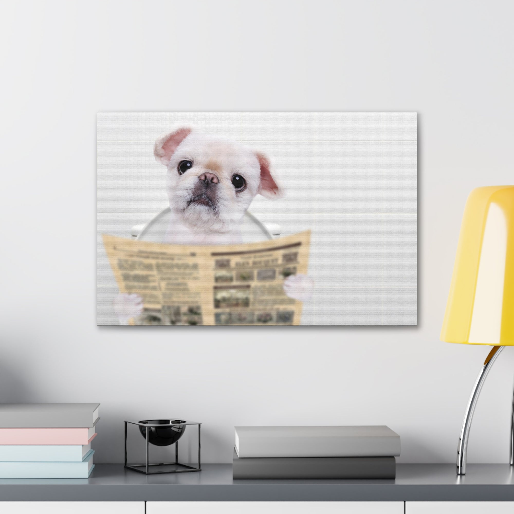 Cute Dog Reading Newspaper On Toilet Funny Canvas Wall Art for Home Decor Ready-to-Hand-Express Your Love Gifts